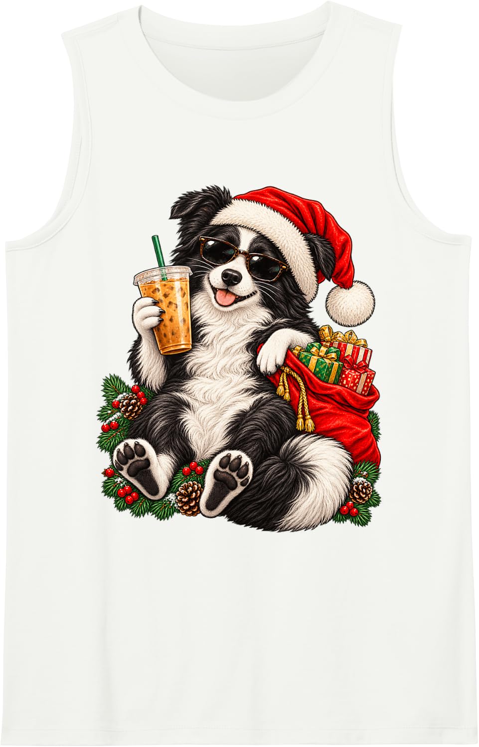 Smiling Border Collie Christmas Iced Coffee Sunglasses Sleeveless Tank Top - White