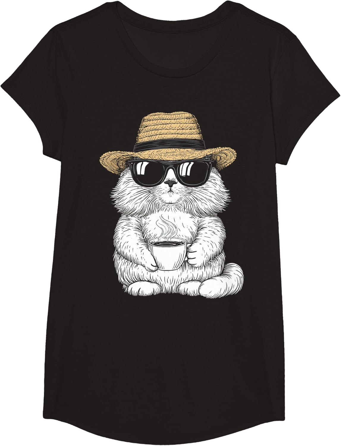 Siberian Cat with Sunglasses Drinking Coffee T-Shirt - Girls Black