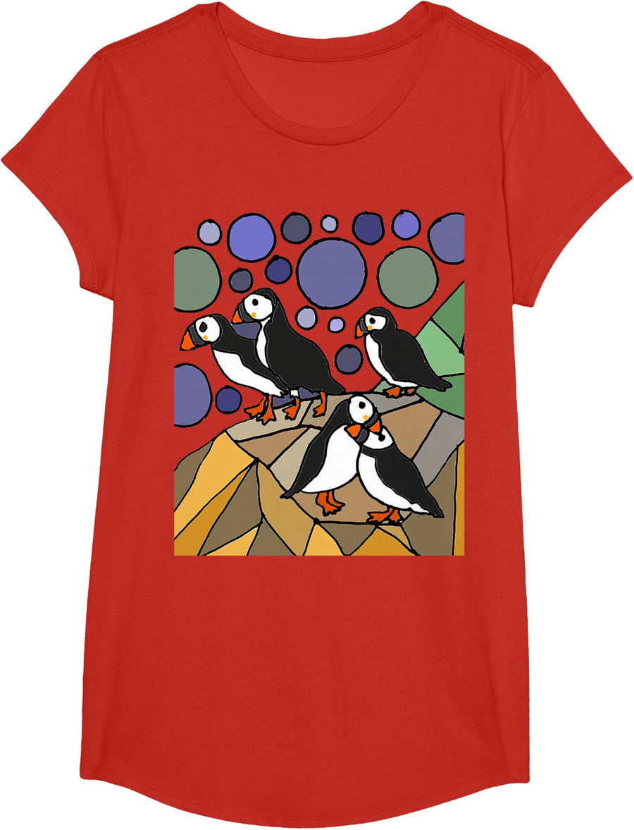Smileteesbirdsa Funny Puffin Birds on Rocks Art T-Shirt - Girls Red