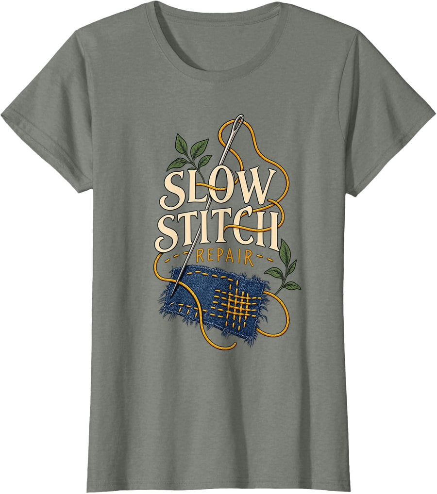 Slow Stitch Repair Visible Mending Sewing T-Shirt - Olive Heather