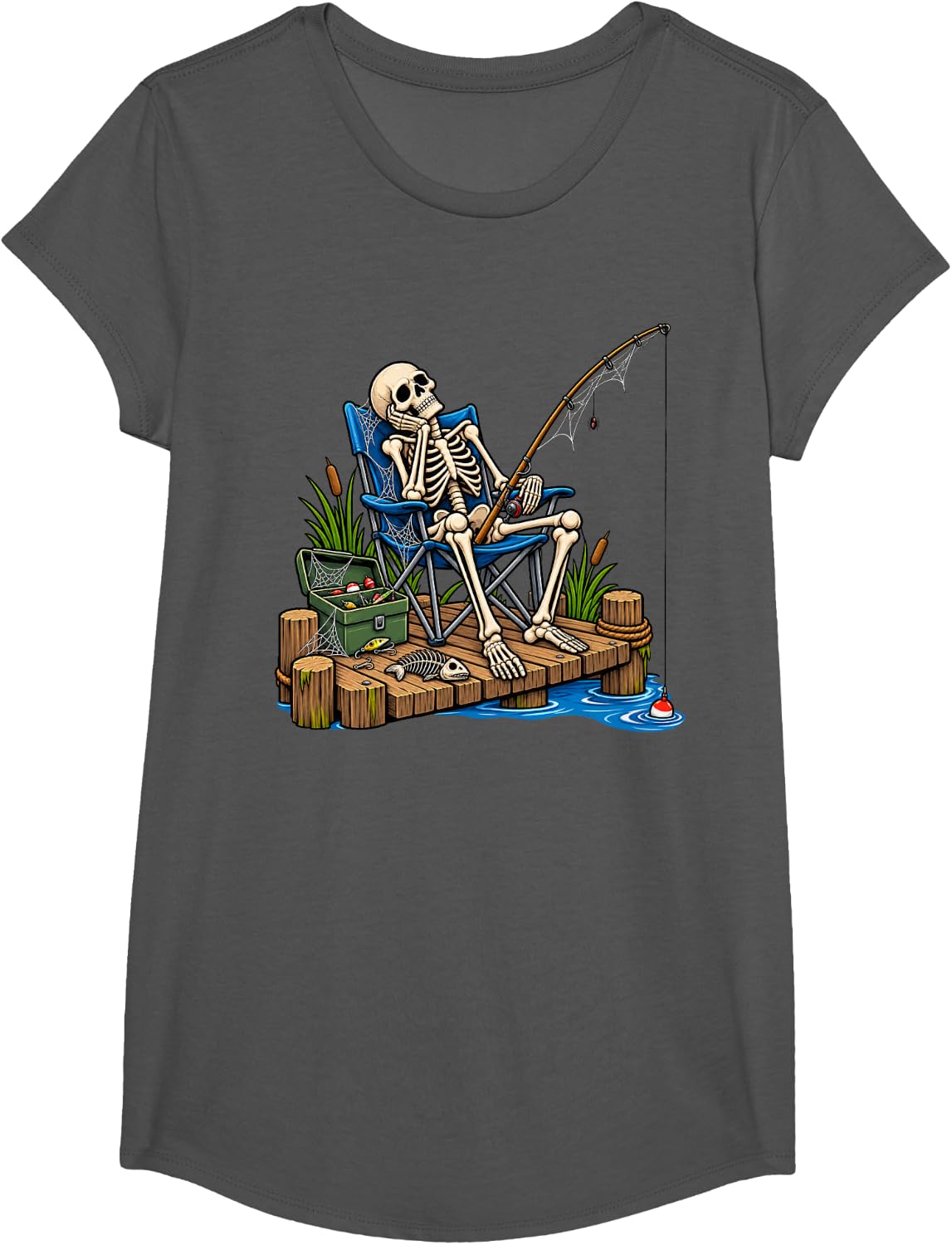 Skeleton Fishing Funny Halloween T-Shirt - Girls Asphalt Grey