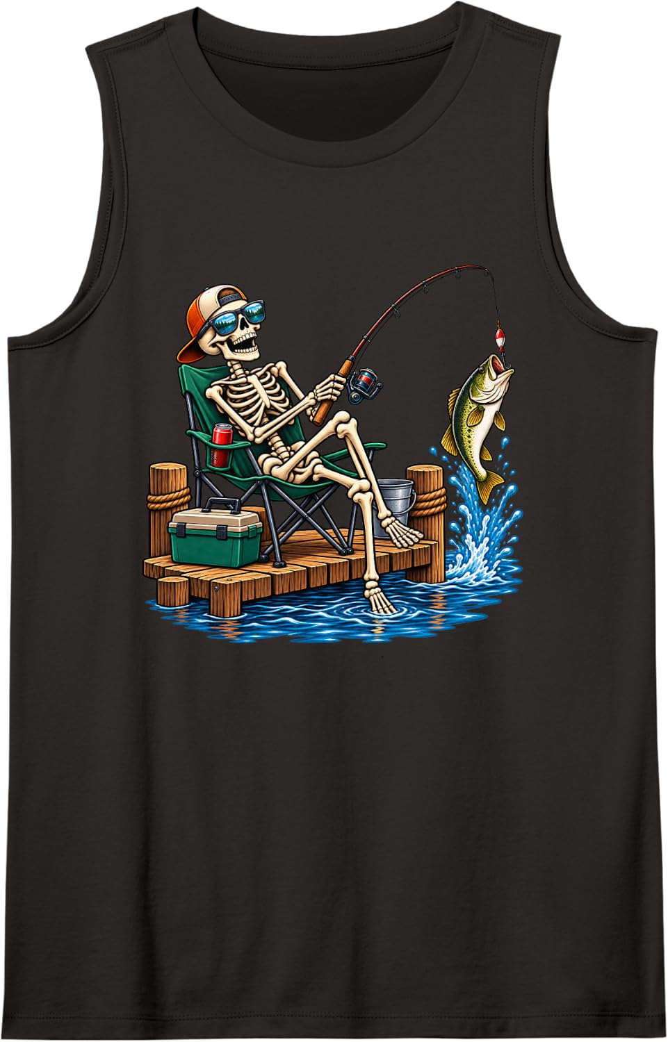 Skeleton Fishing Halloween Tank Top - Black