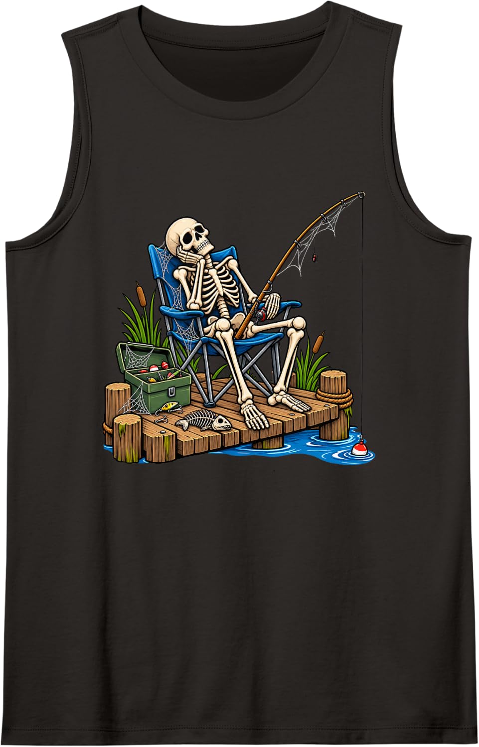 Skeleton Fishing Funny Halloween Tank Top - Black
