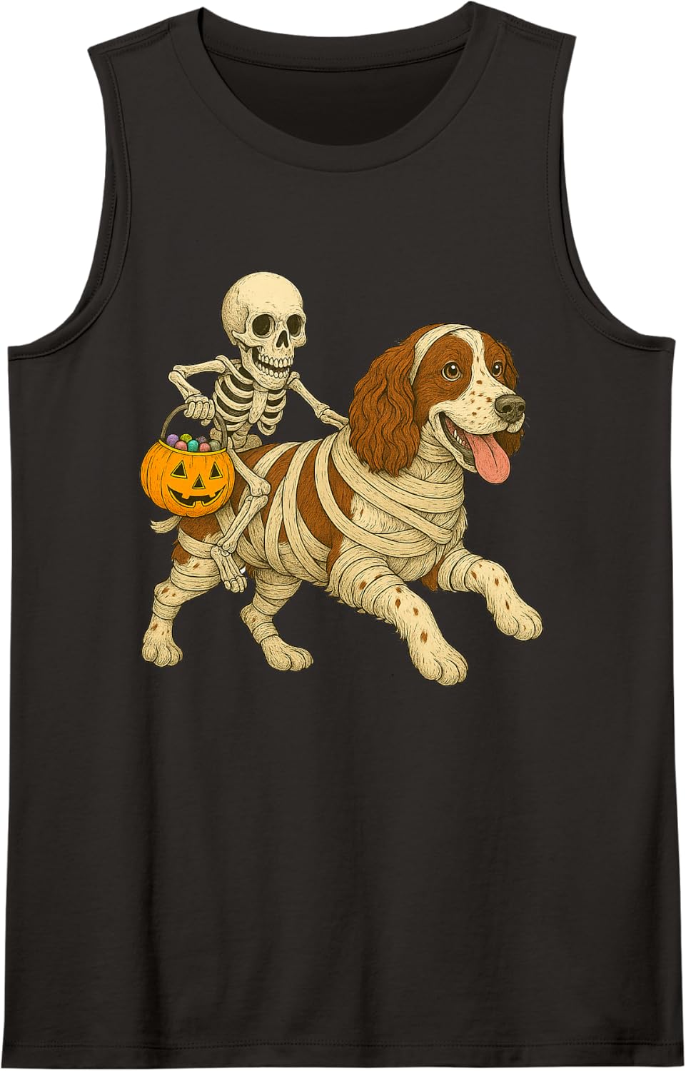 Skeleton Riding Mummy English Springer Spaniel Dog Halloween Sleeveless Tank Top - Black
