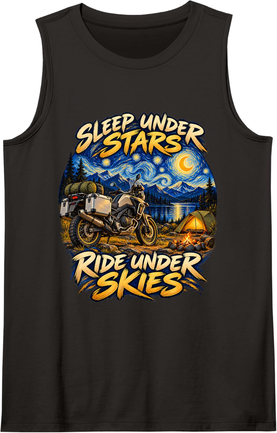 Sleep Under Stars Ride Under Skies Moto Camper Sleeveless Tank Top - Black