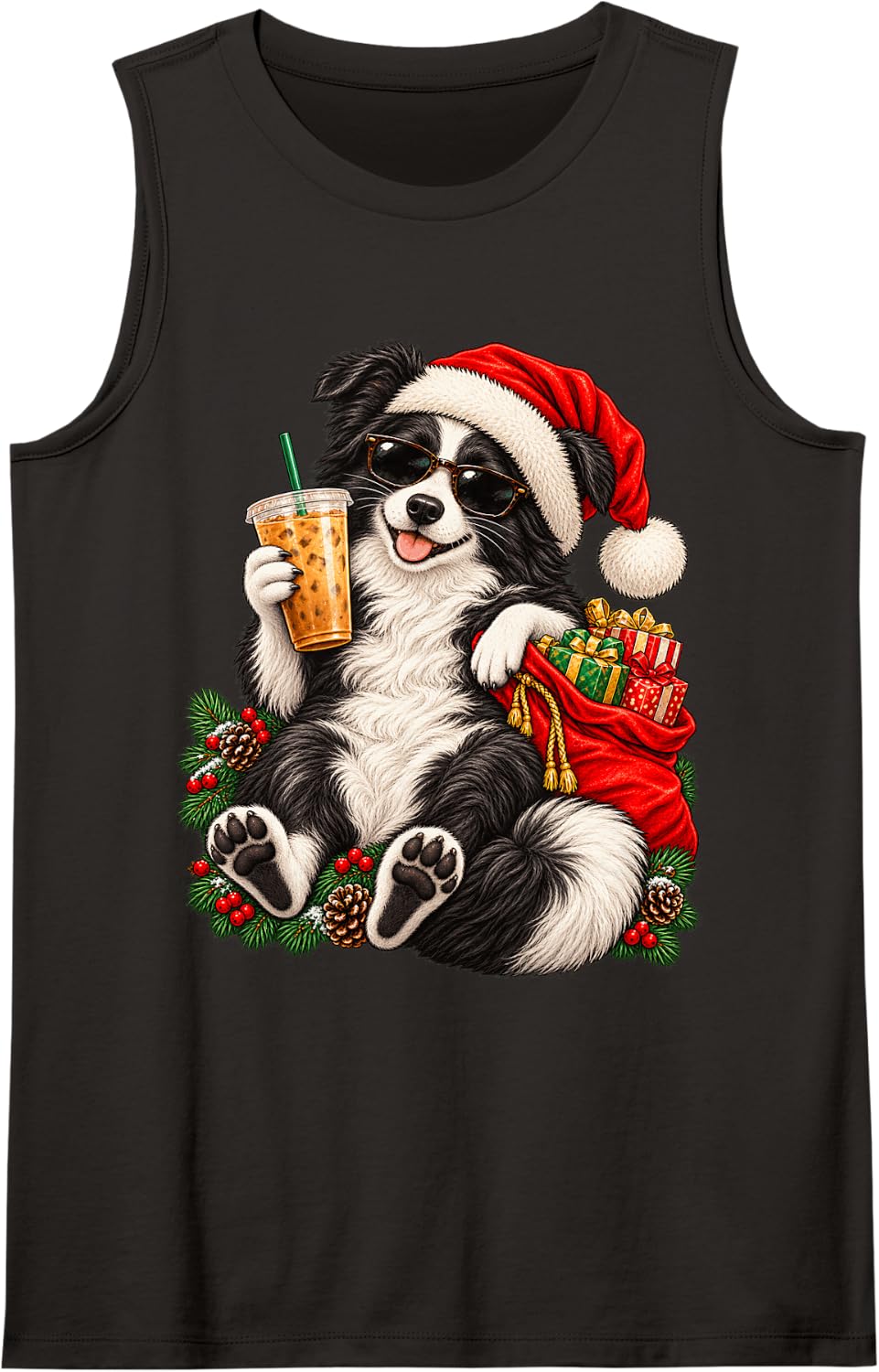 Smiling Border Collie Christmas Iced Coffee Sunglasses Sleeveless Tank Top - Black