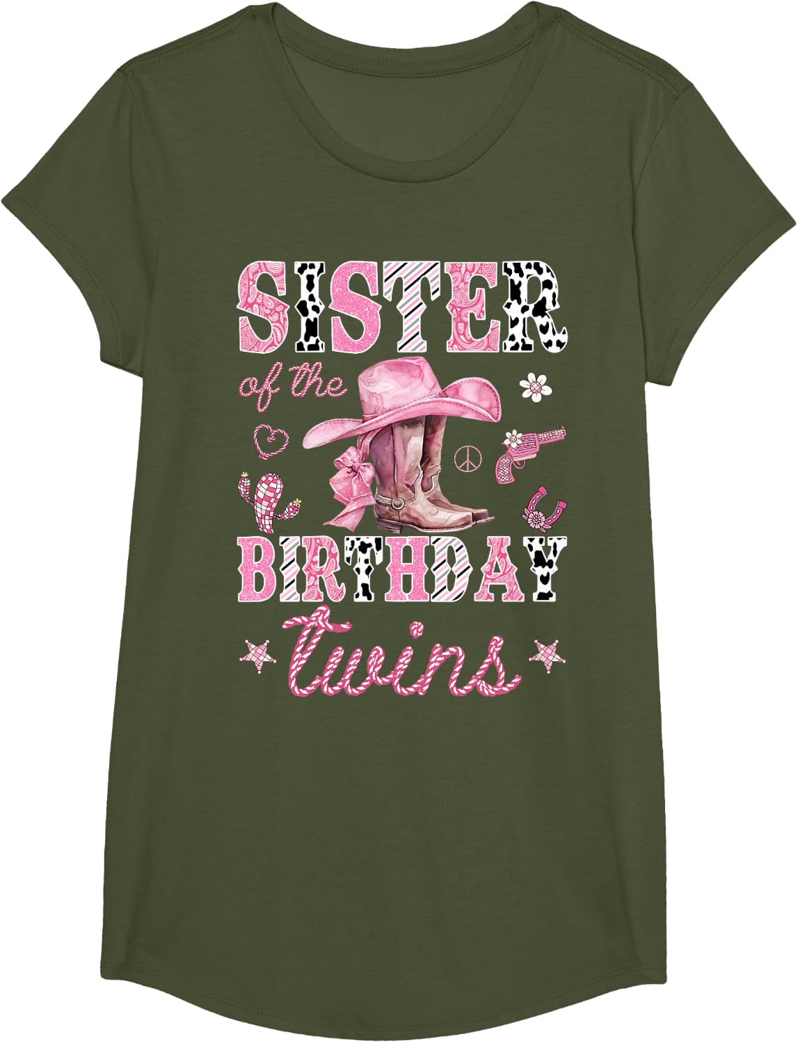Sister of The Birthday Twins Pink Rodeo Cowgirl Western T-Shirt - Girls Olive Green