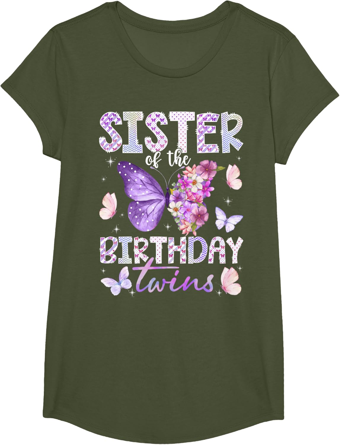 Sister of The Birthday Twins Cute Butterfly Birthday Girl T-Shirt - Girls Olive Green