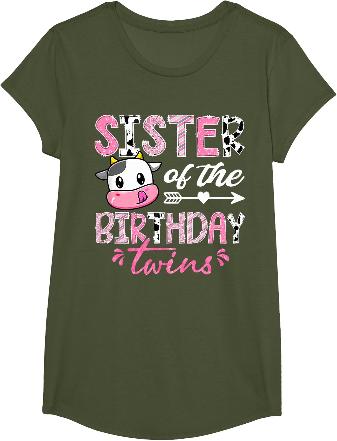 Sister of The Birthday Twins Farm Cow 1st Birthday Party T-Shirt - Girls Olive Green