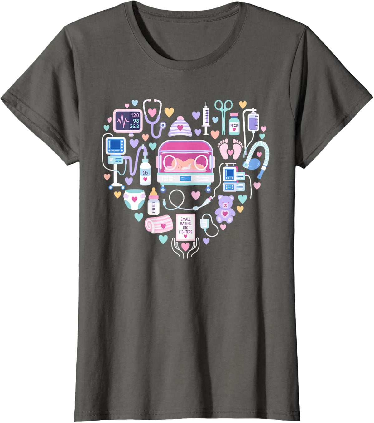 Small Babies Big Fighters Nicu Nurse T-Shirt - Asphalt Grey