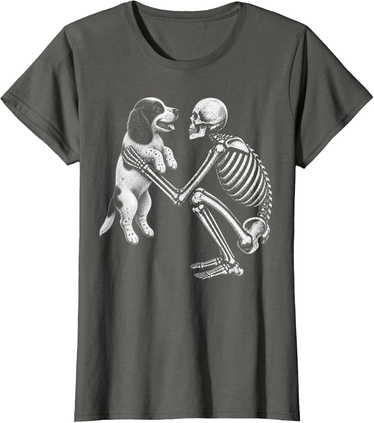 Skeleton Holding English Springer Spaniel Retro Halloween T-Shirt - Asphalt Grey