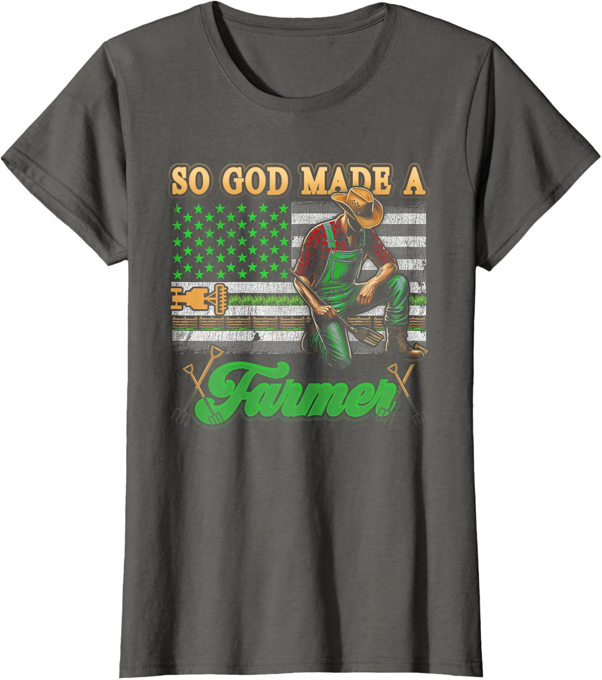 So God Made-A Farmer Farming Farmer American USA Flag T-Shirt - Asphalt Grey