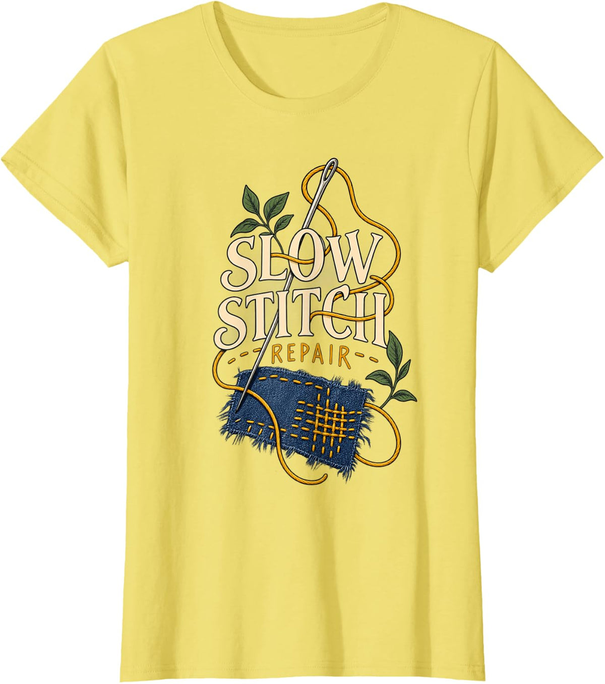 Slow Stitch Repair Visible Mending Sewing T-Shirt - Lemon Yellow