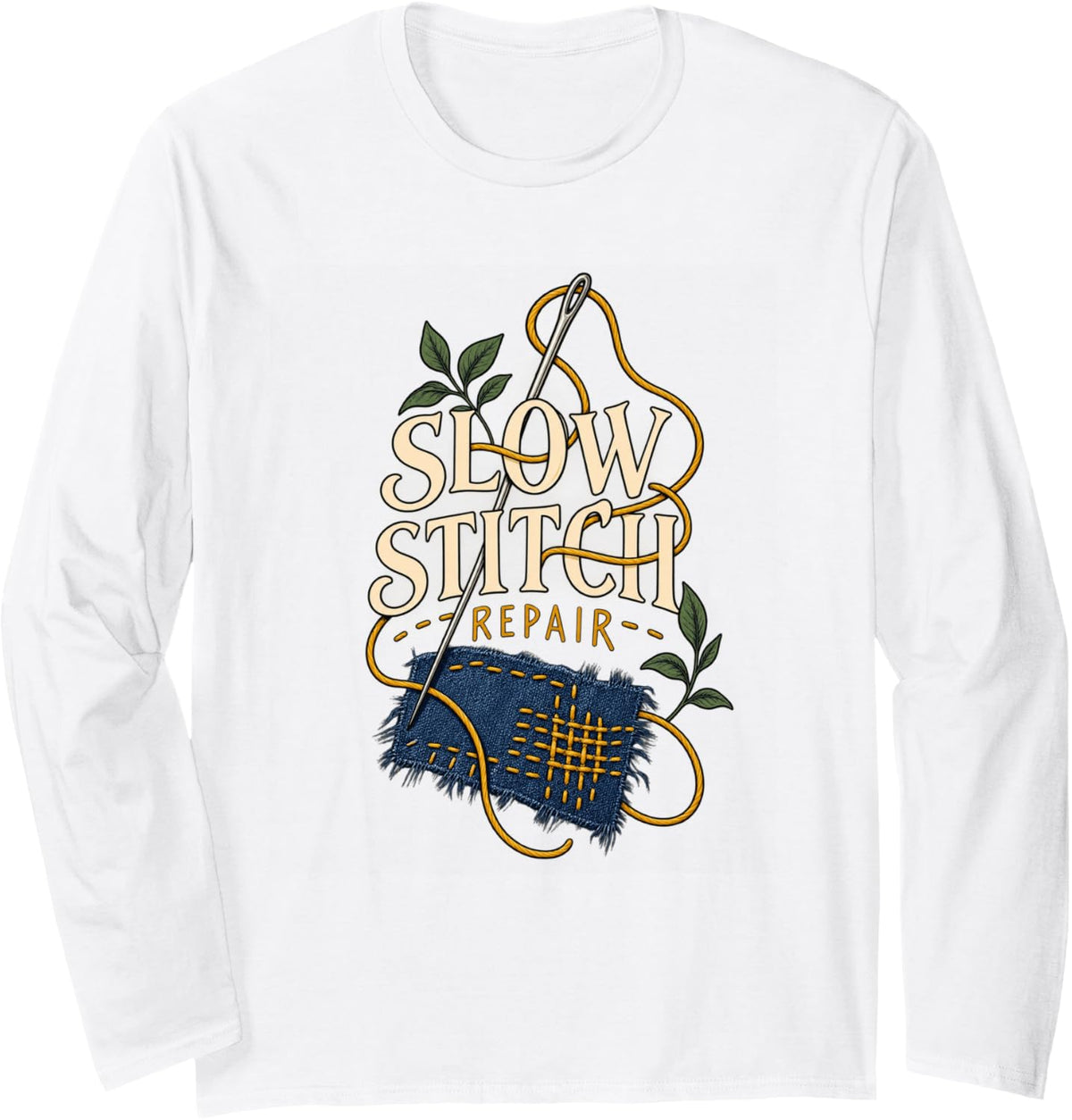 Slow Stitch Repair Visible Mending Sewing Long Sleeve T-Shirt - Adult Unisex White