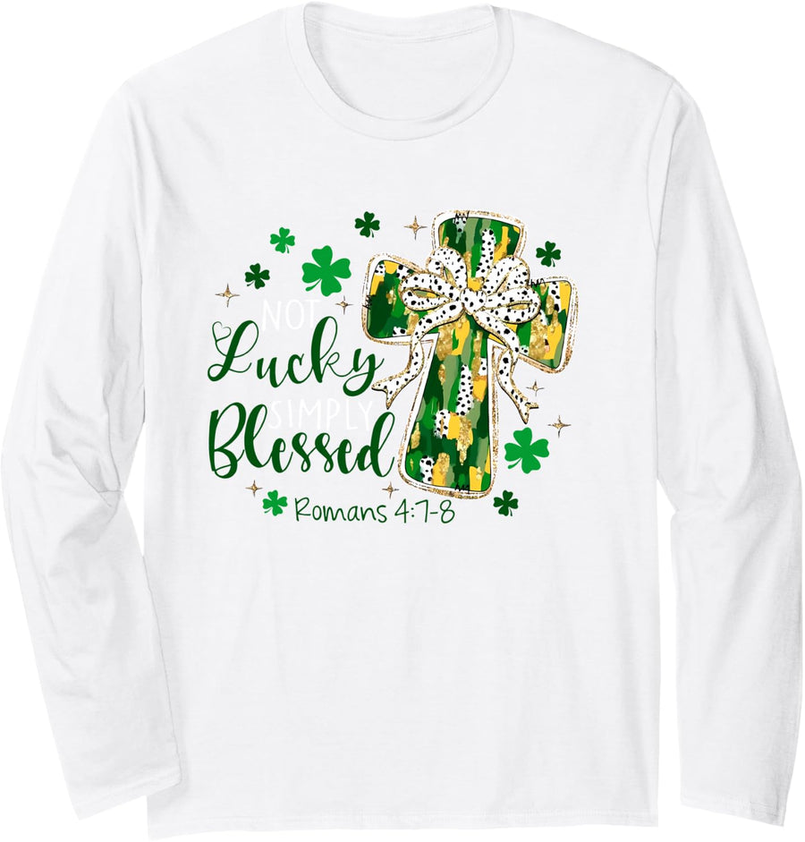 Not Lucky Simply Blessed Coquette Bow Cross St Patrick's Day Long Sleeve T-Shirt - Adult Unisex White