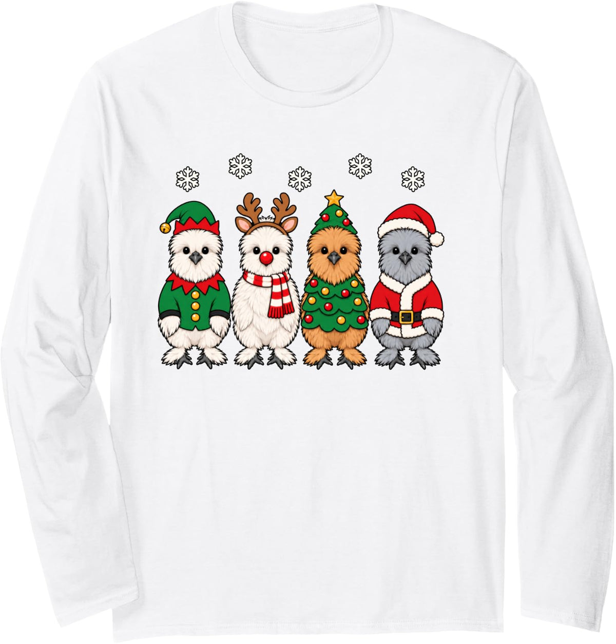 Silkie Chicken Christmas Reindeer Santa Farm Animal Long Sleeve T-Shirt - Adult Unisex White