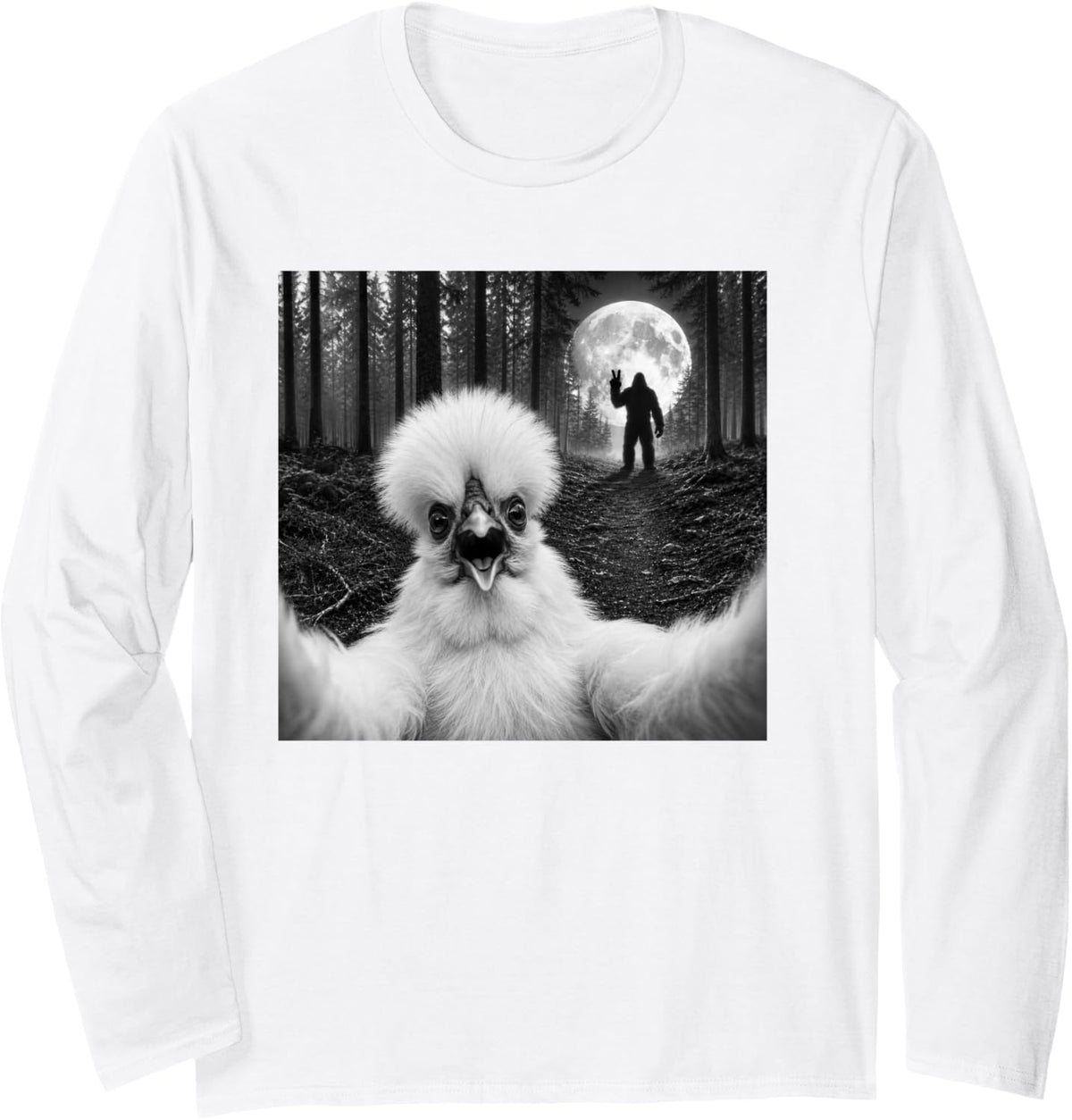 Silkie Chicken Selfie with Bigfoot Peace Sign Sasquatch Long Sleeve T-Shirt - Adult Unisex White