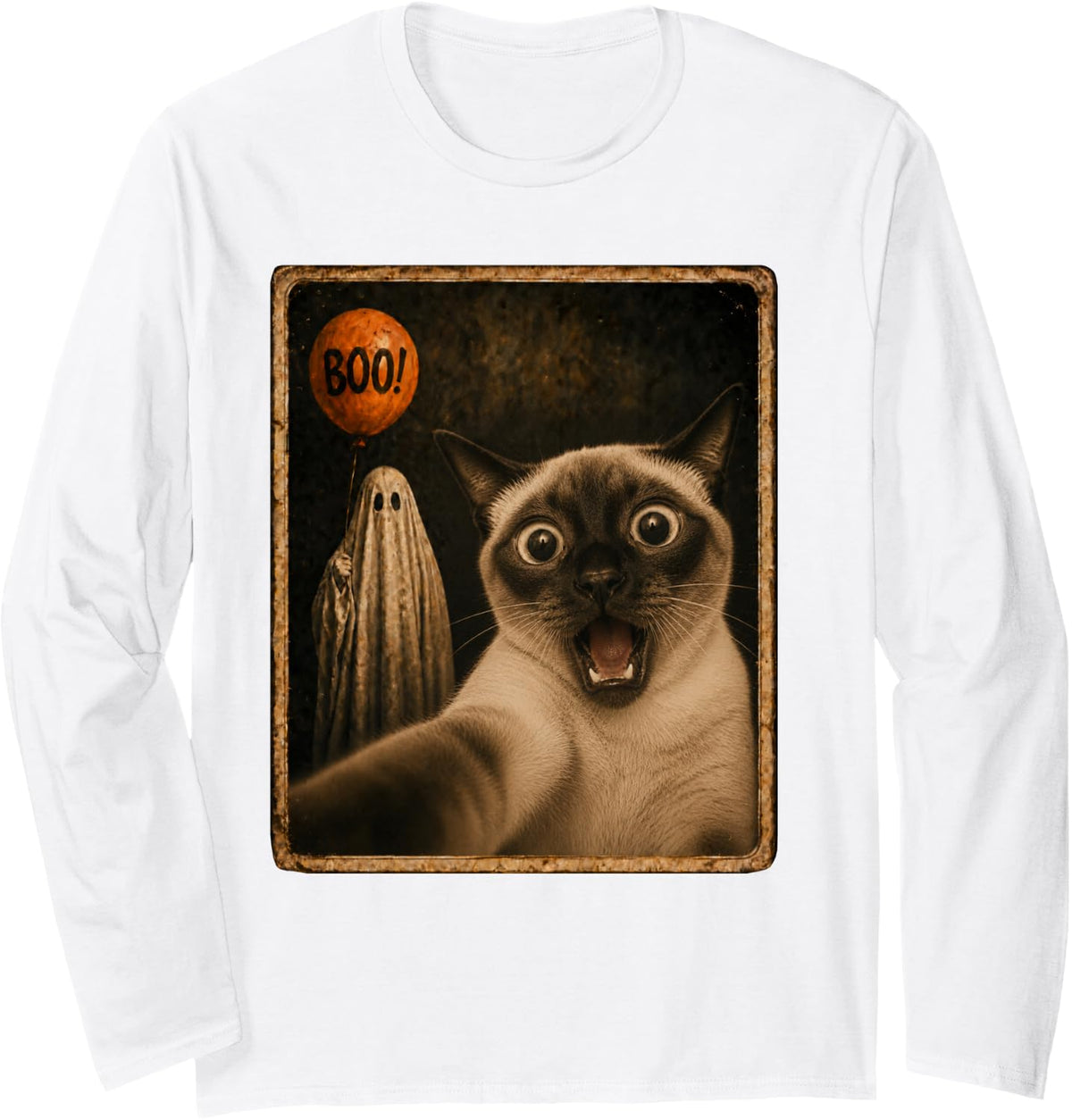 Siamese Halloween Ghost Selfie Boo Cat Meme Graphic Long Sleeve T-Shirt - Adult Unisex White