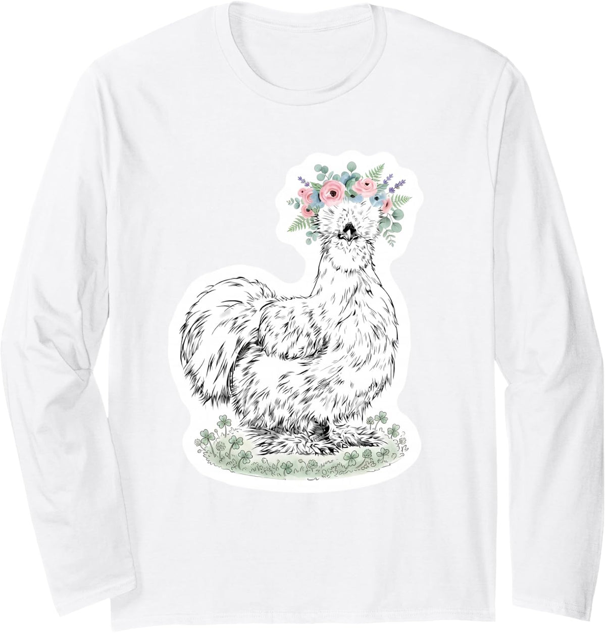 Silkie Chicken with Floral Headband Farm Animal Owner Cute Long Sleeve T-Shirt - Adult Unisex White