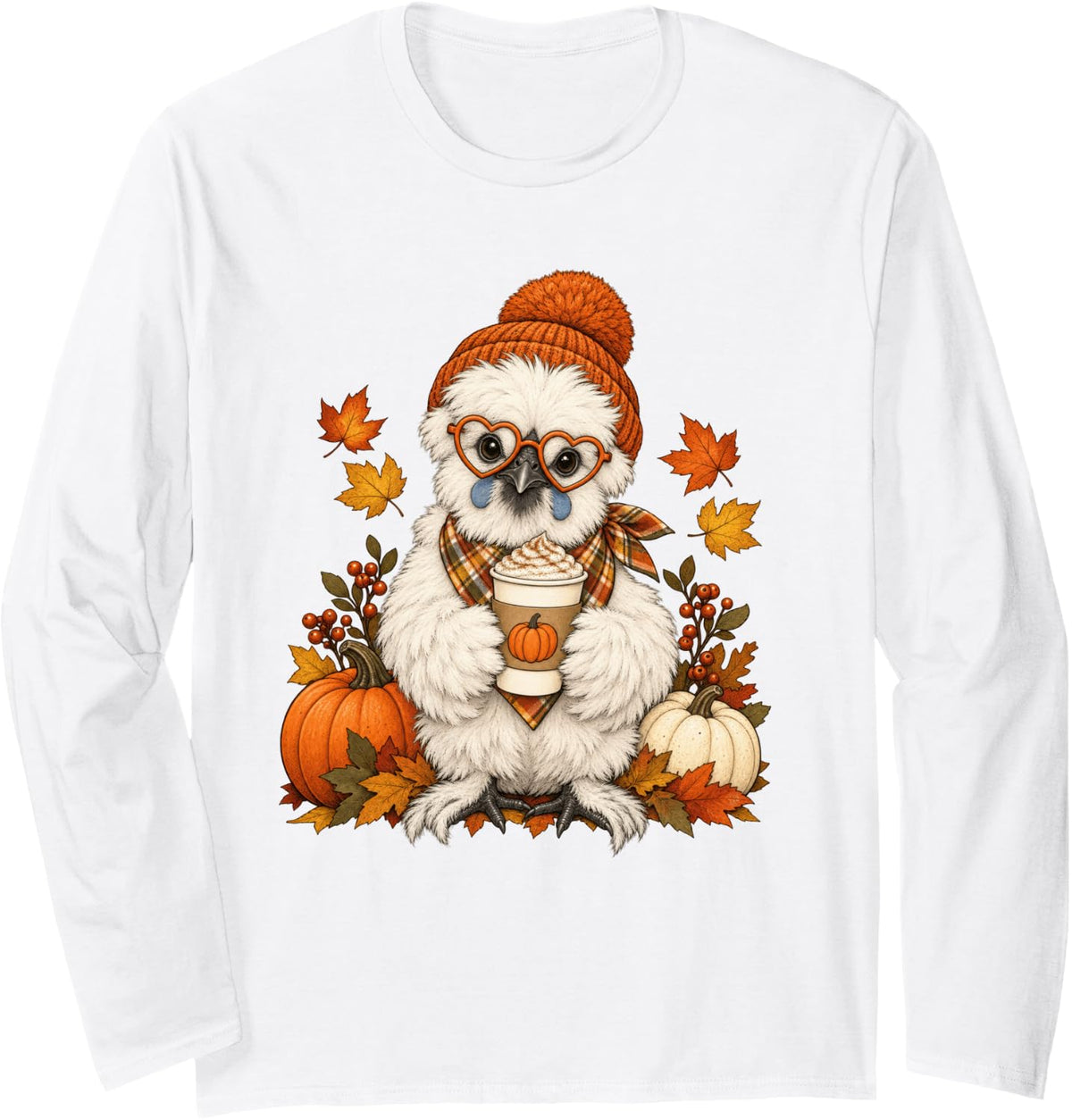 Silkie Chicken Fall Autumn Season Pumpkin Spice Farm Animal Long Sleeve T-Shirt - Adult Unisex White
