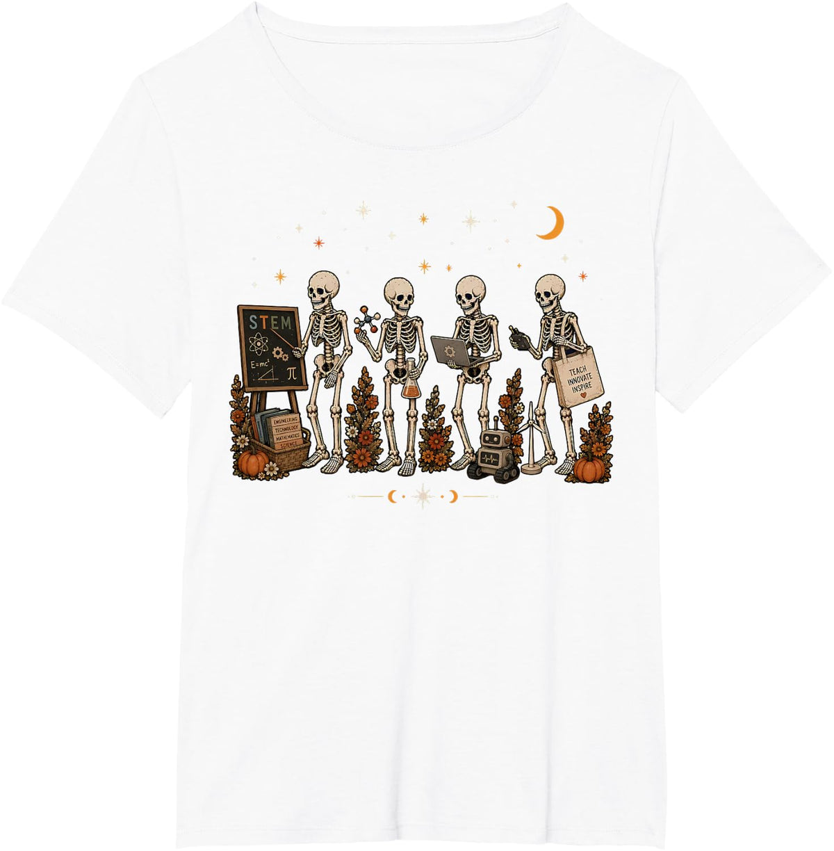 Skeleton STEM Teacher Halloween Science Technology Math T-Shirt - White
