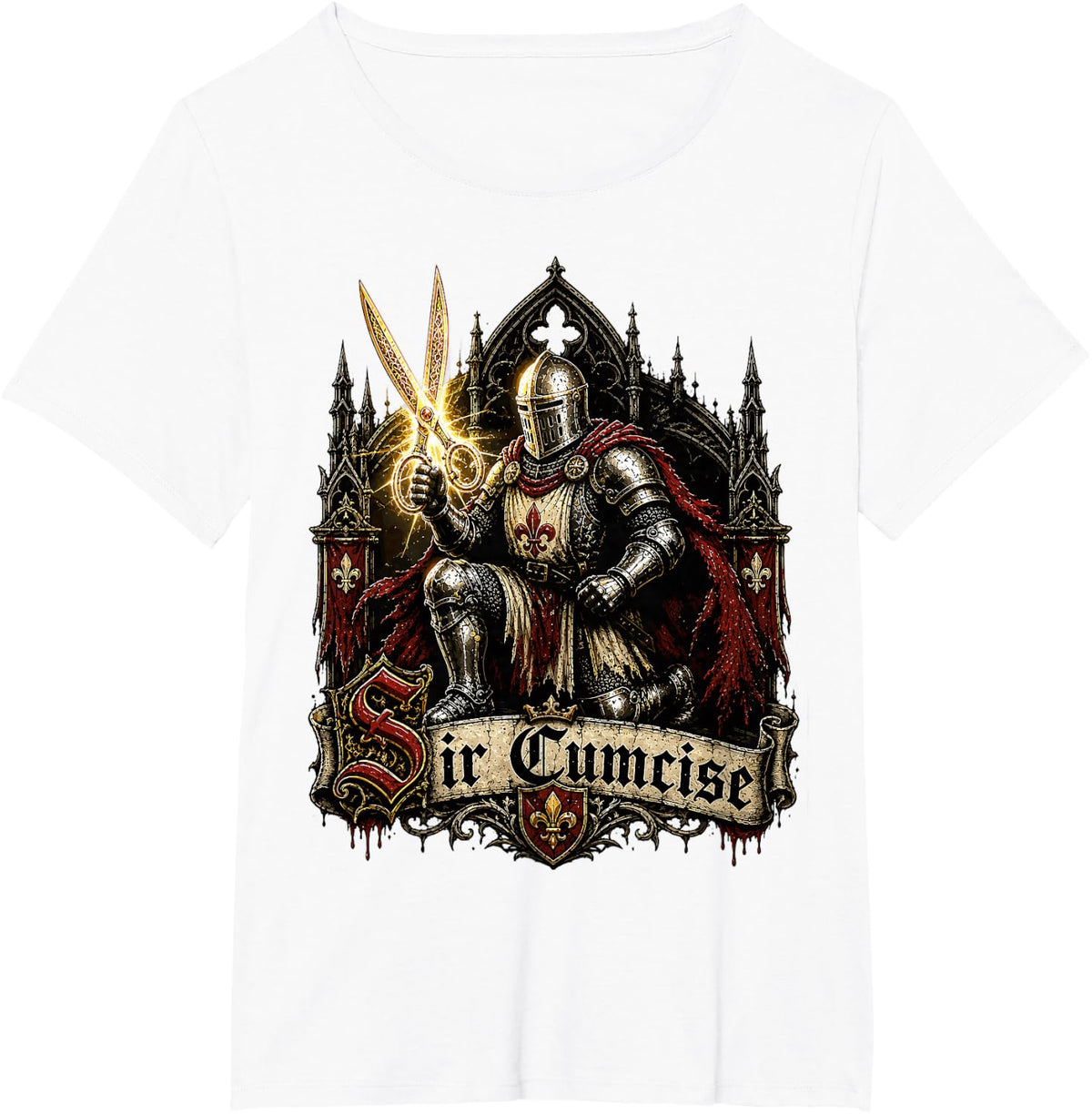 Sir Cumcise Medieval Knight Scissors Funny Gothic Humor T-Shirt - White