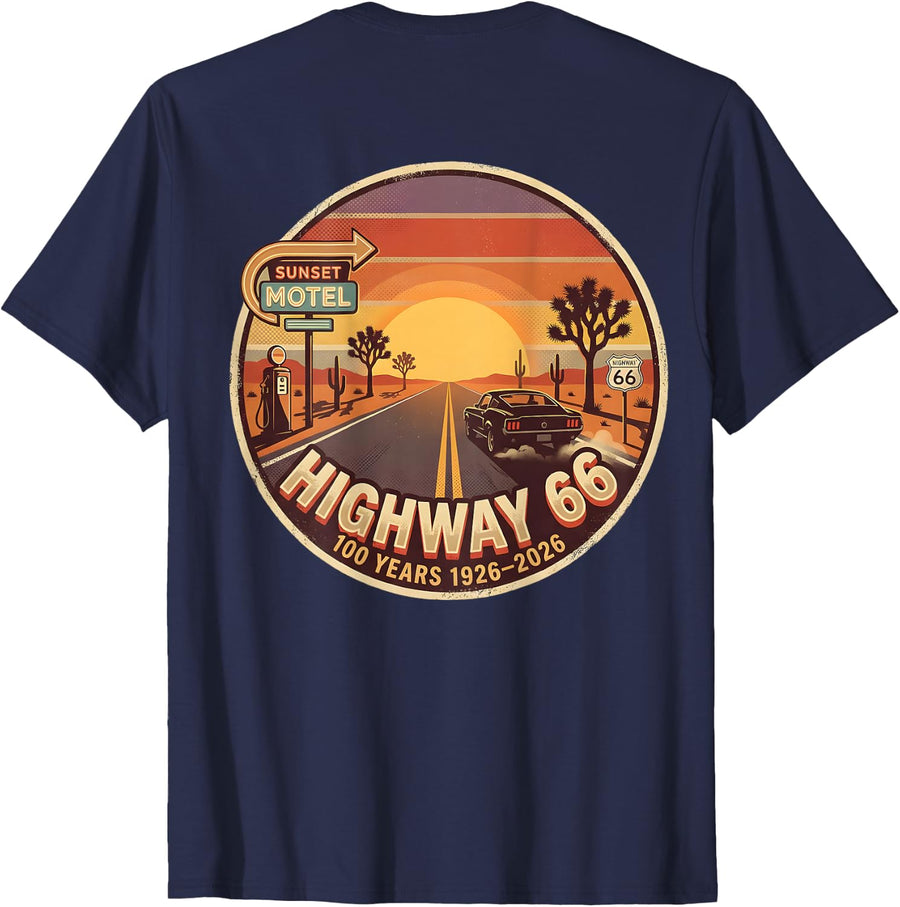 (on Back) Highway 66 100 Years 1926-2026 Classic Car Lover T-Shirt - Navy Blue