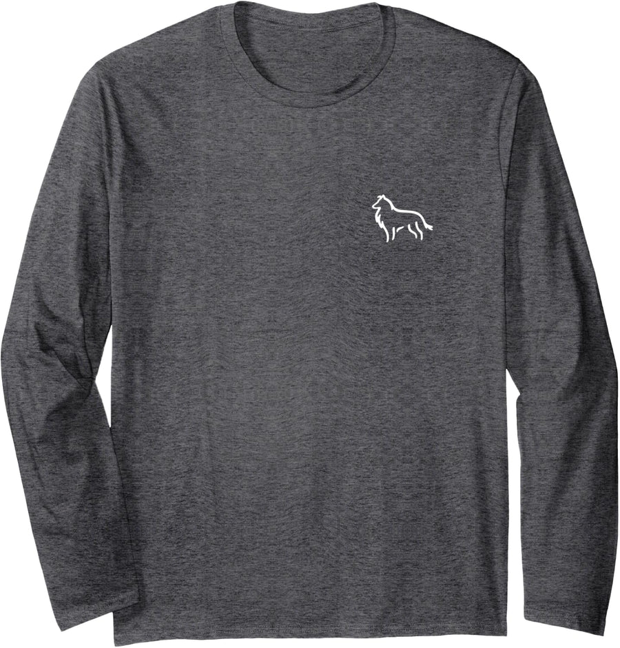 Simple Minimalist Badge Patch Line Art Collie Long Sleeve T-Shirt - Adult Unisex Dark Heather Grey
