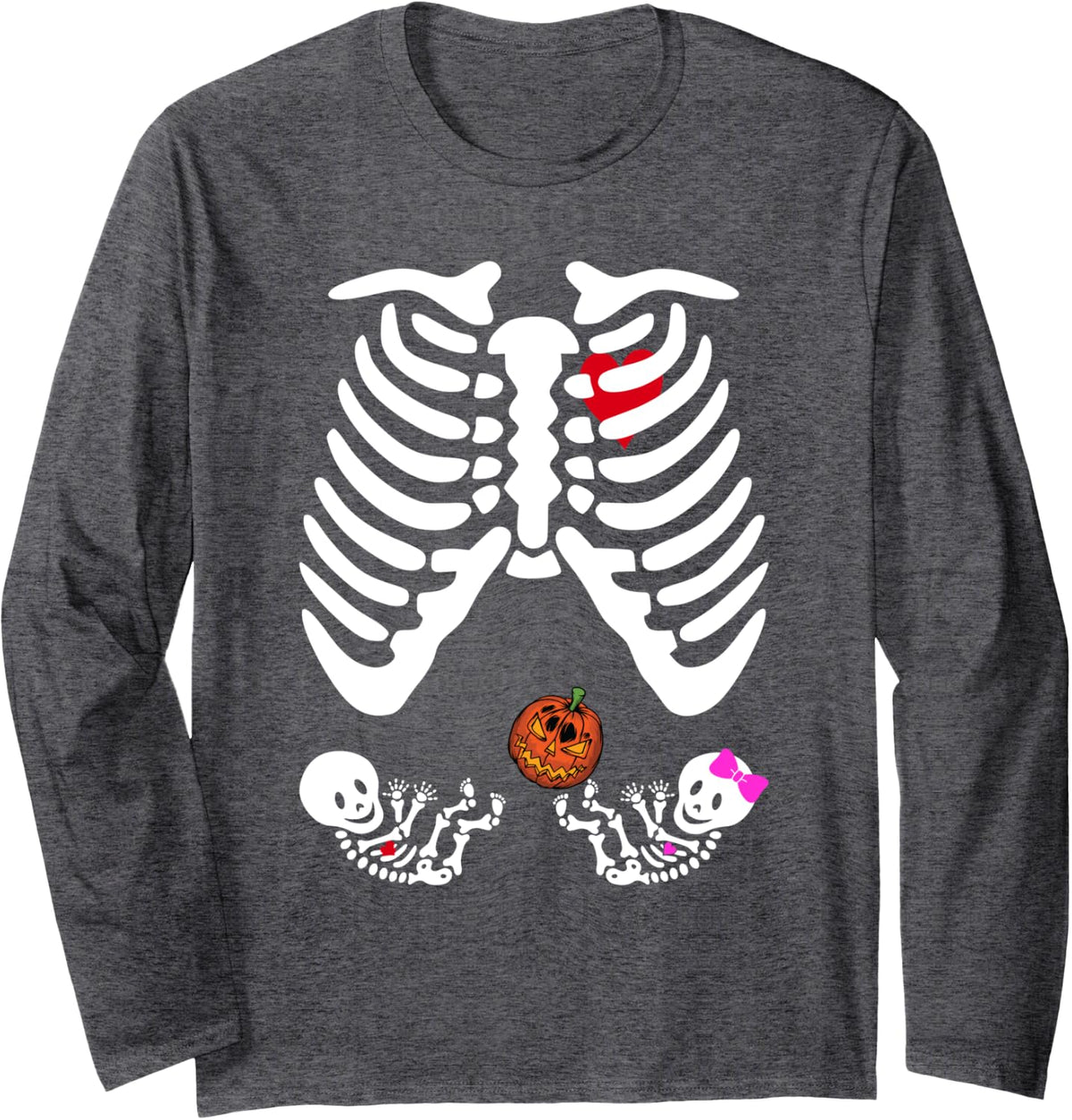 Skeleton Twins Girl Boy Pregnancy Halloween costume Pumpkin Long Sleeve T-Shirt - Adult Unisex Dark Heather Grey