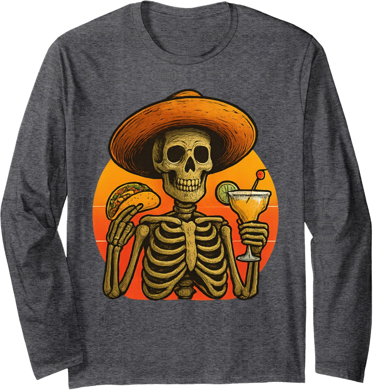 Skeleton Fiesta Cinco de Mayo Taco and Margarita Celebration Long Sleeve T-Shirt - Adult Unisex Dark Heather Grey