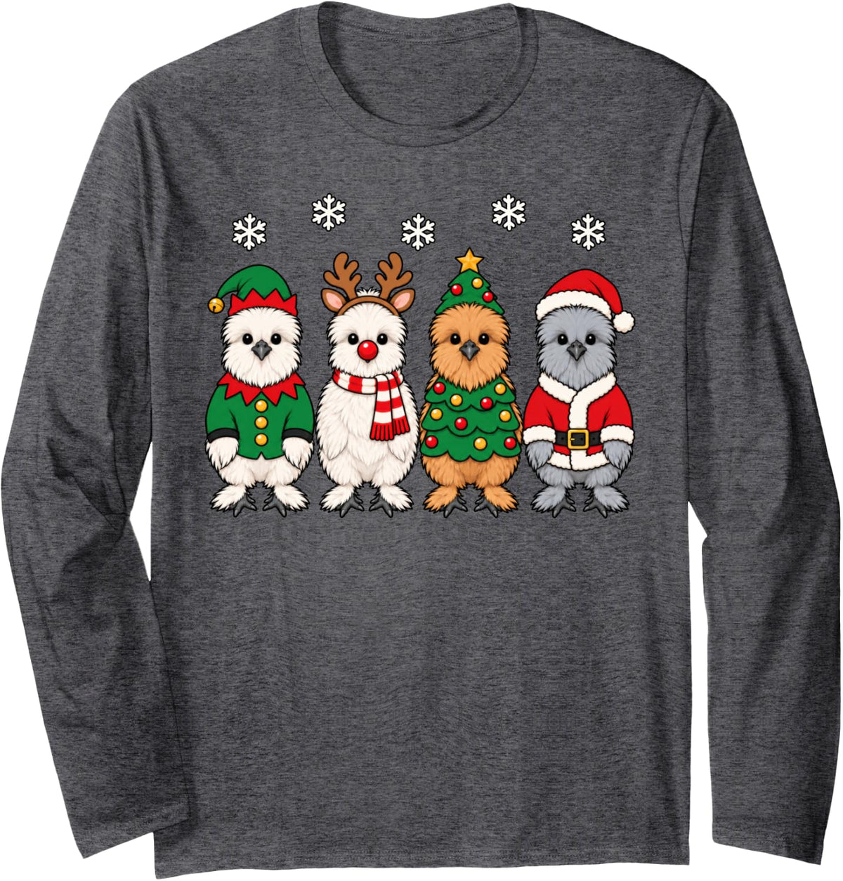 Silkie Chicken Christmas Reindeer Santa Farm Animal Long Sleeve T-Shirt - Adult Unisex Dark Heather Grey