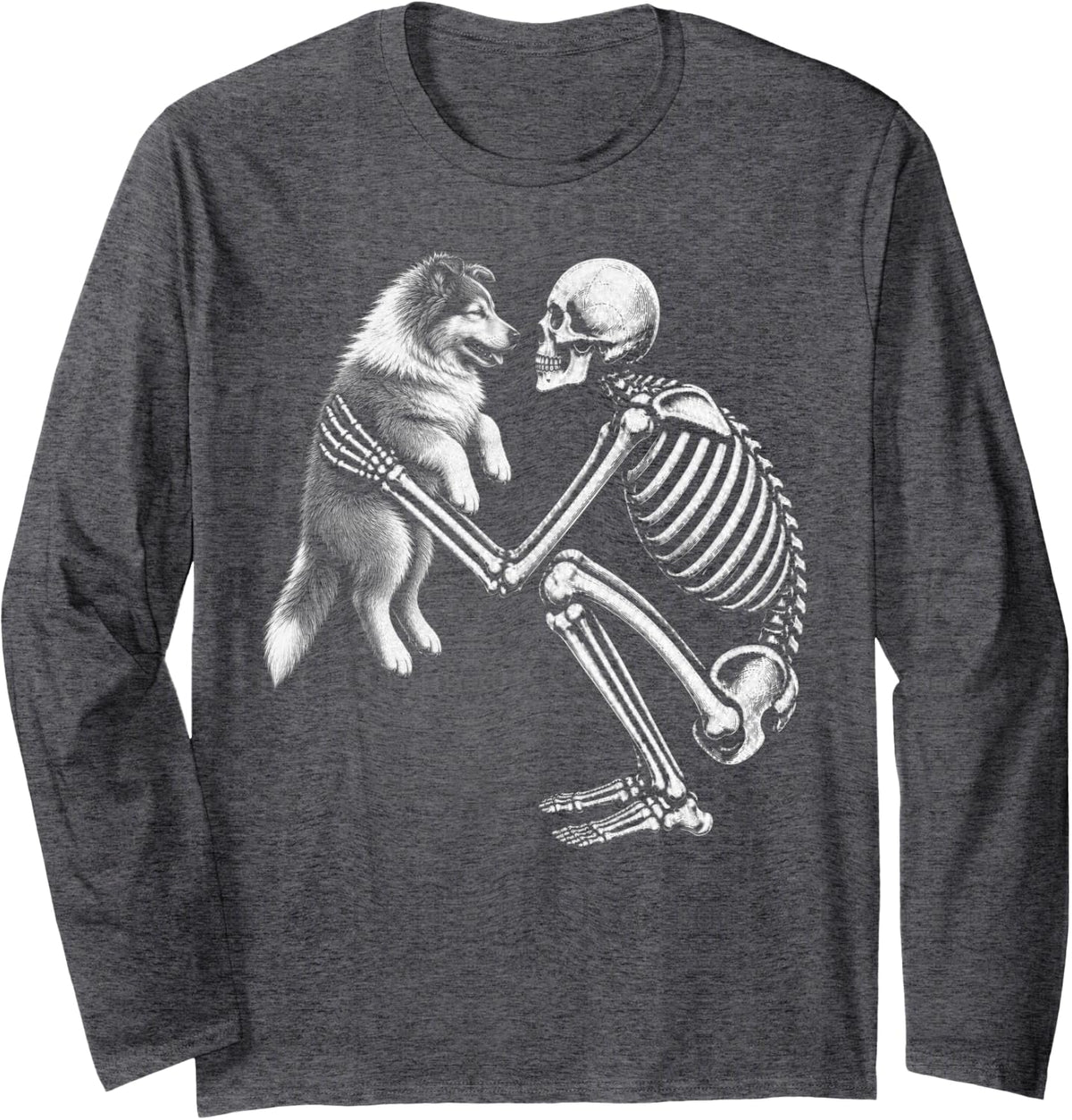 Skeleton Holding Rough Collie Retro Halloween Dog Long Sleeve T-Shirt - Adult Unisex Dark Heather Grey
