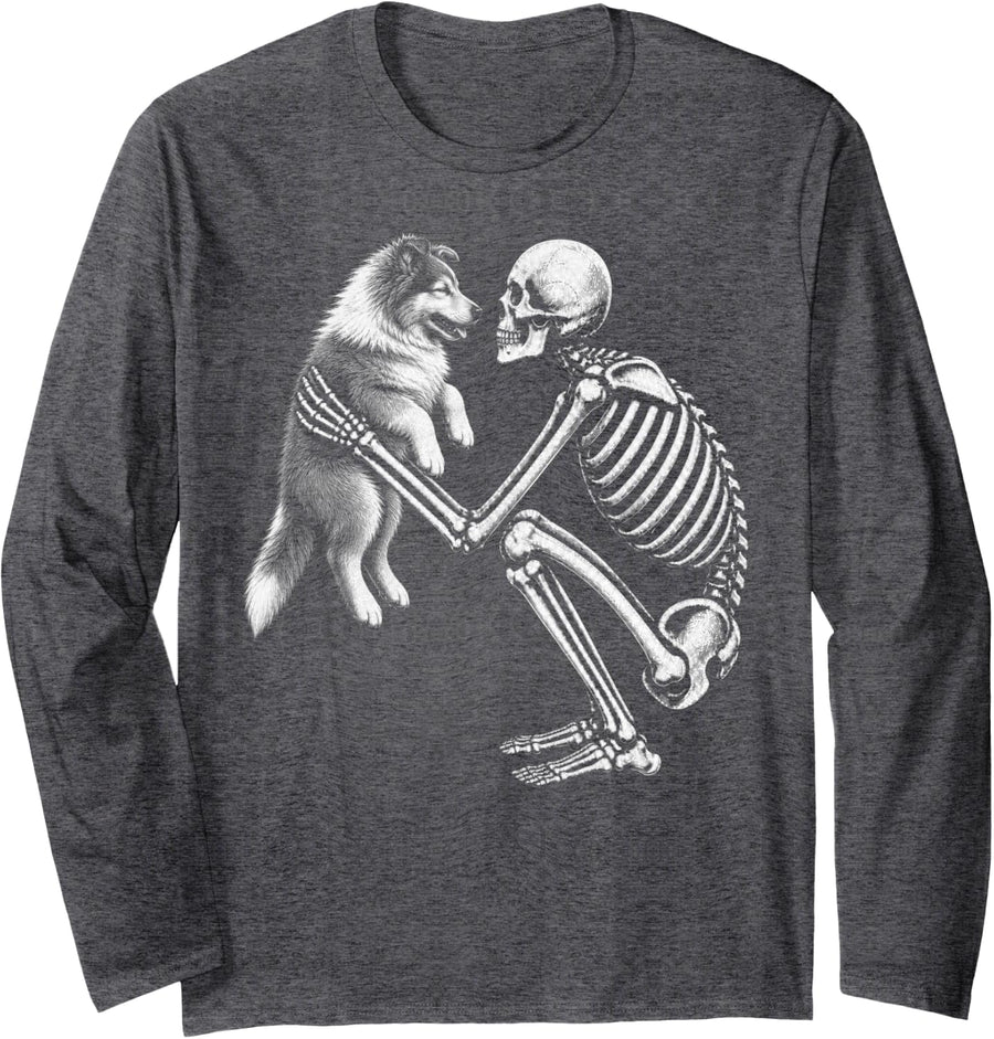 Skeleton Holding Rough Collie Retro Halloween Dog Long Sleeve T-Shirt - Adult Unisex Dark Heather Grey