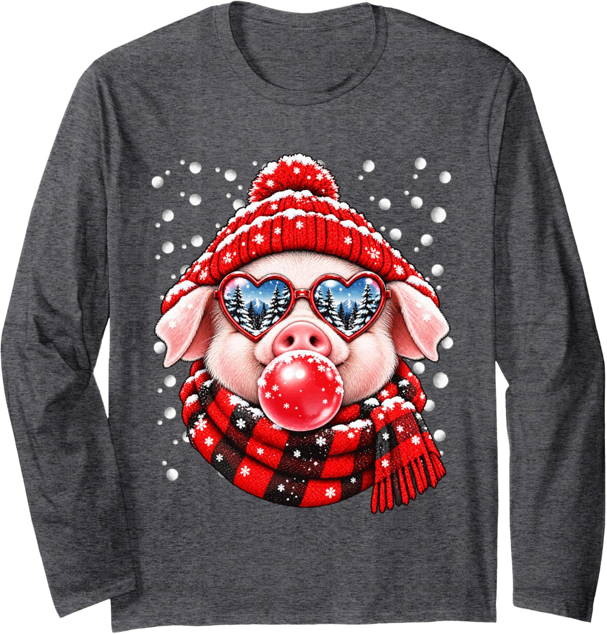 Snowy Pig with Bubblegum and Hearts Glasses Winter Aniaml Long Sleeve T-Shirt - Adult Unisex Dark Heather Grey