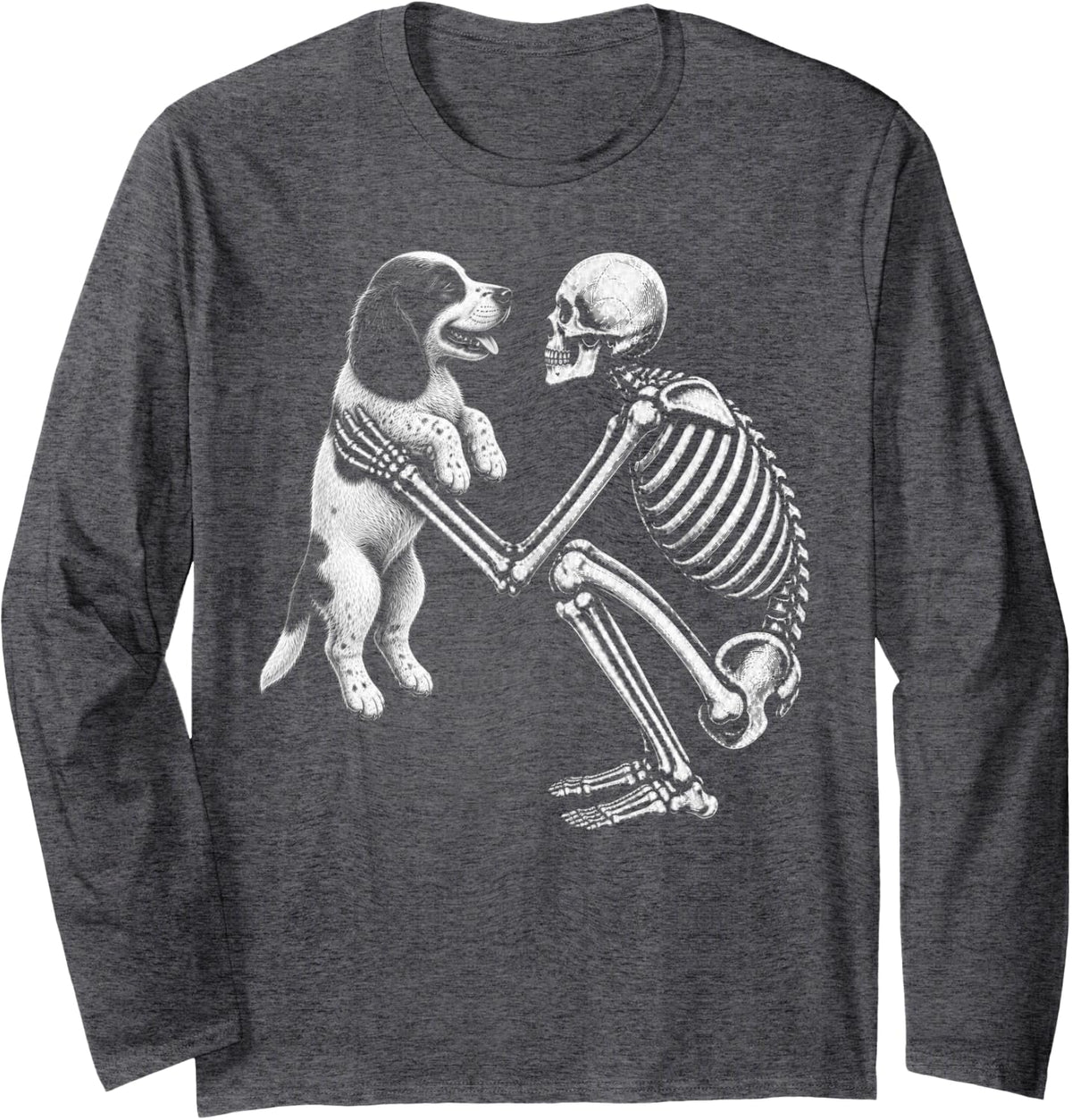 Skeleton Holding English Springer Spaniel Retro Halloween Long Sleeve T-Shirt - Adult Unisex Dark Heather Grey