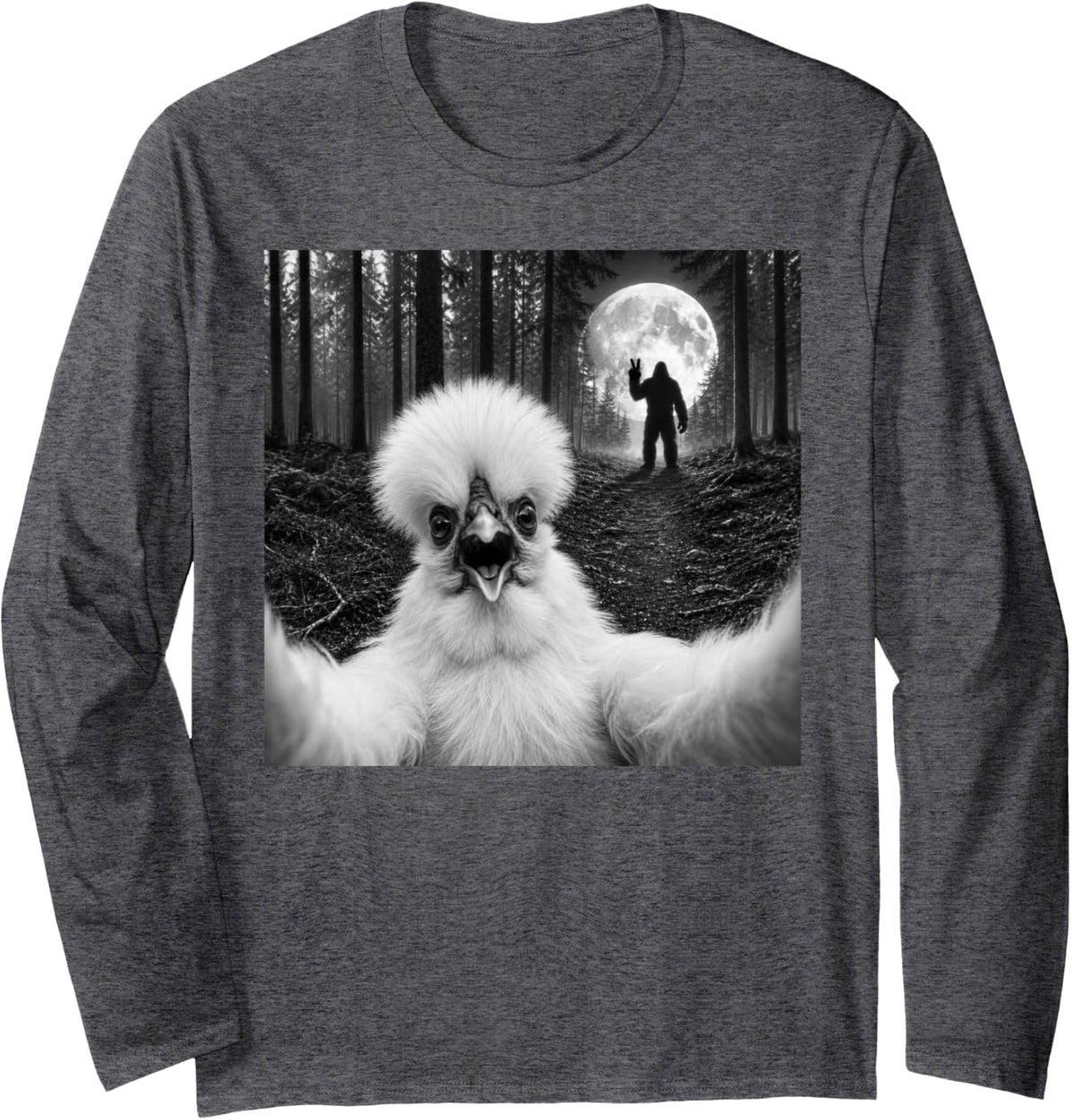 Silkie Chicken Selfie with Bigfoot Peace Sign Sasquatch Long Sleeve T-Shirt - Adult Unisex Dark Heather Grey