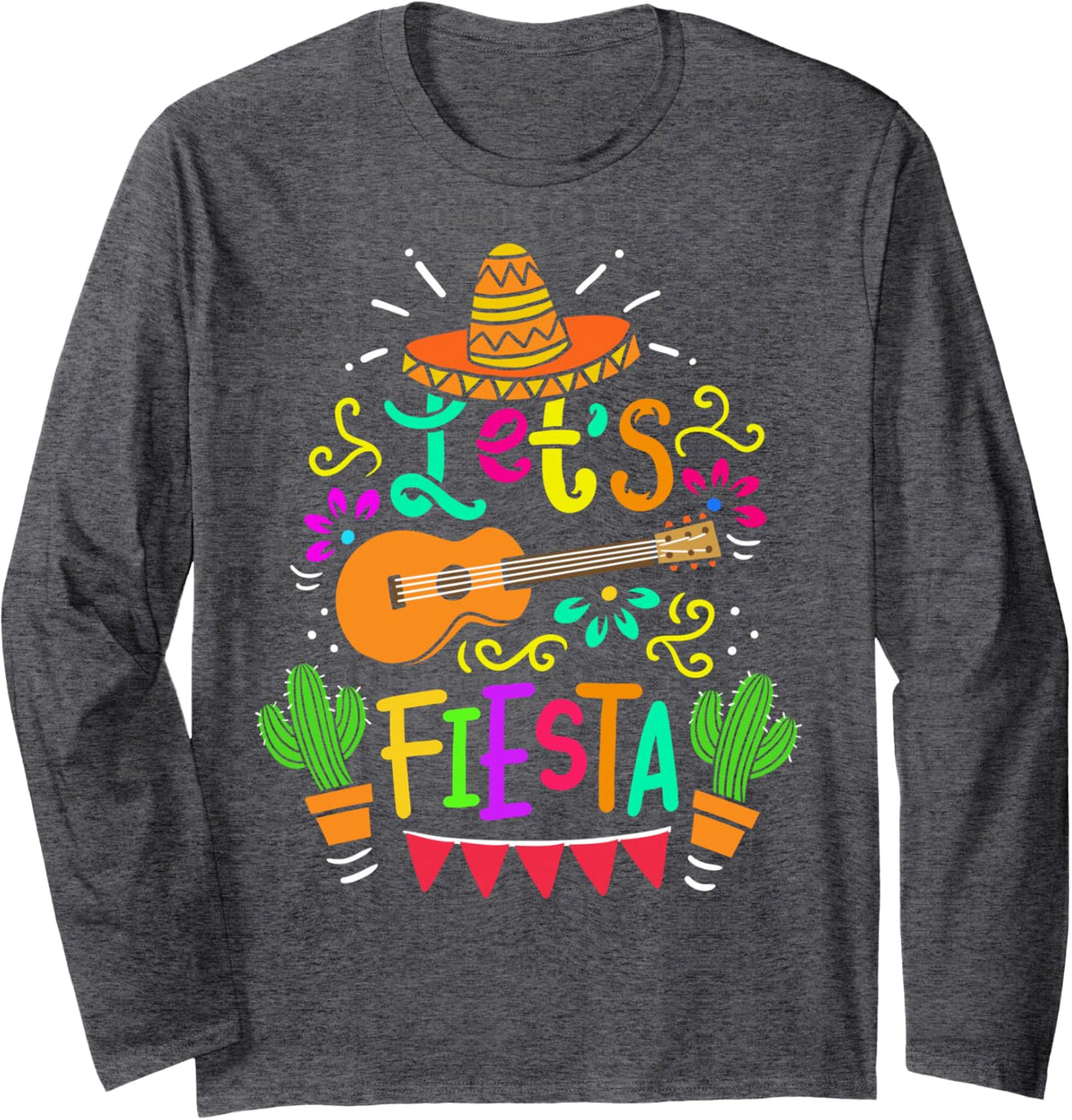 Cinco De Mayo Mexican Guitar Cactus for Men Women Boys Girls Long Sleeve T-Shirt - Adult Unisex Dark Heather Grey