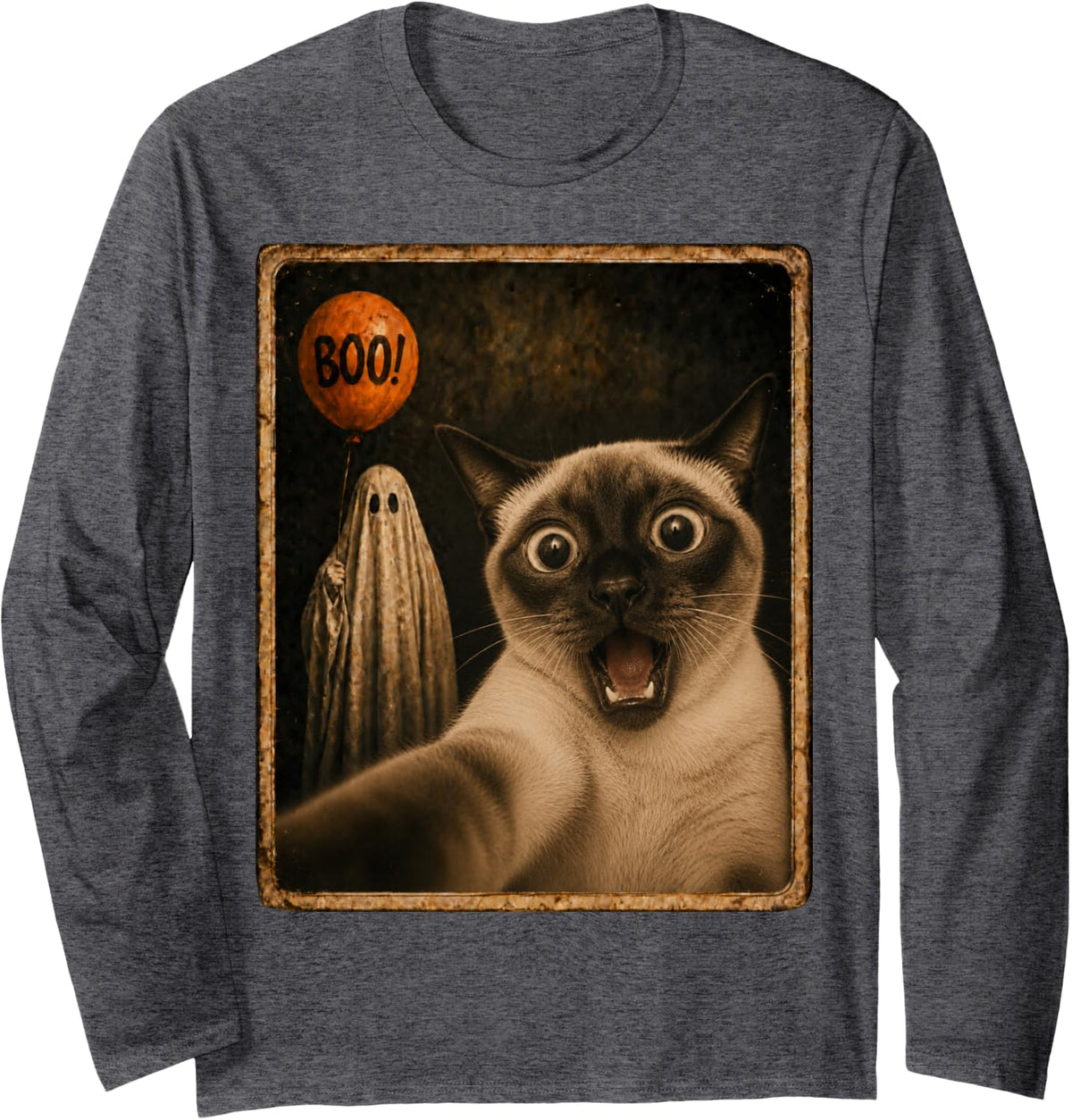 Siamese Halloween Ghost Selfie Boo Cat Meme Graphic Long Sleeve T-Shirt - Adult Unisex Dark Heather Grey