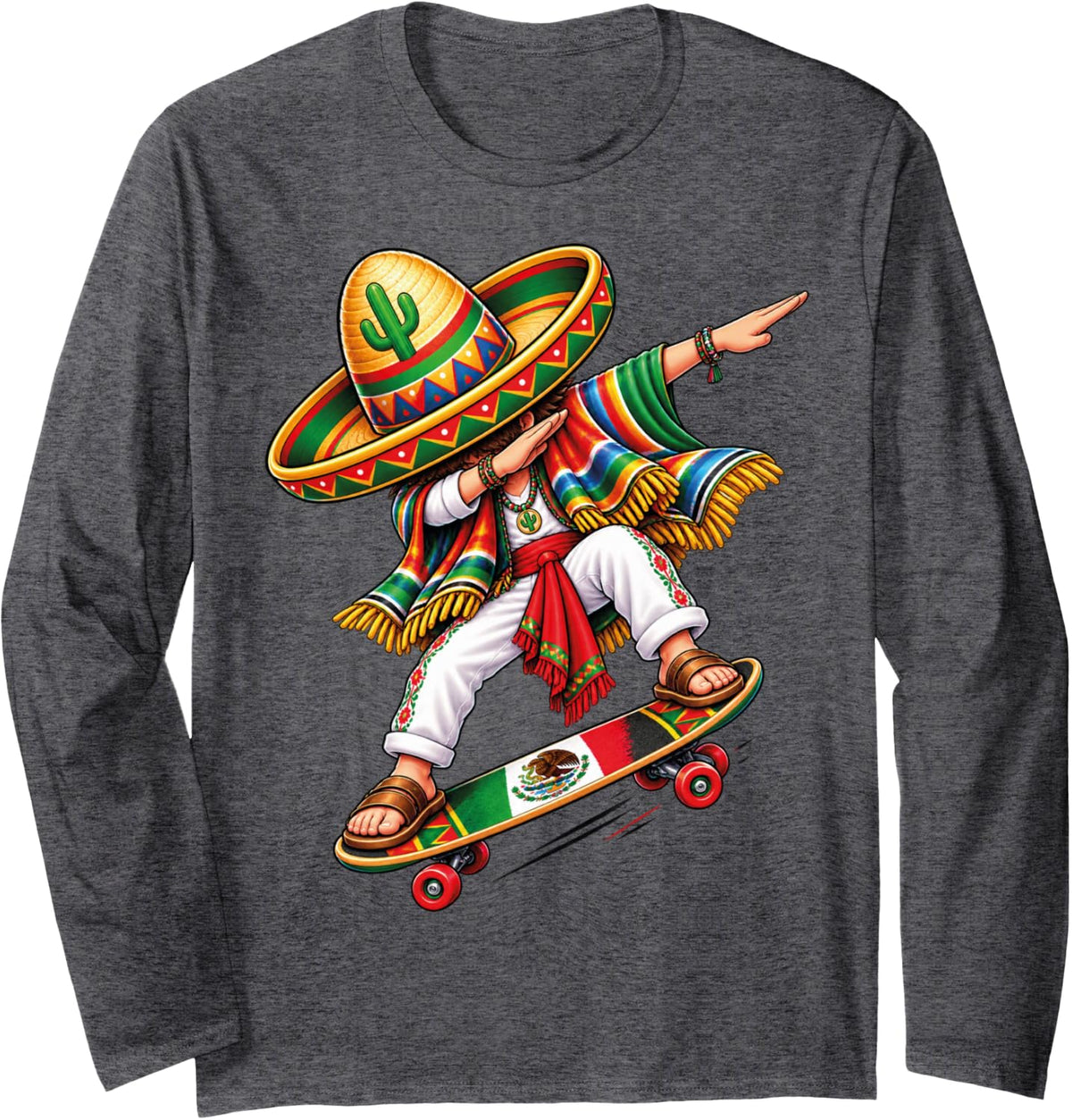 Mexican Boy Dabbing Poncho Cinco de Mayo Funny Dab Dance Long Sleeve T-Shirt - Adult Unisex Dark Heather Grey