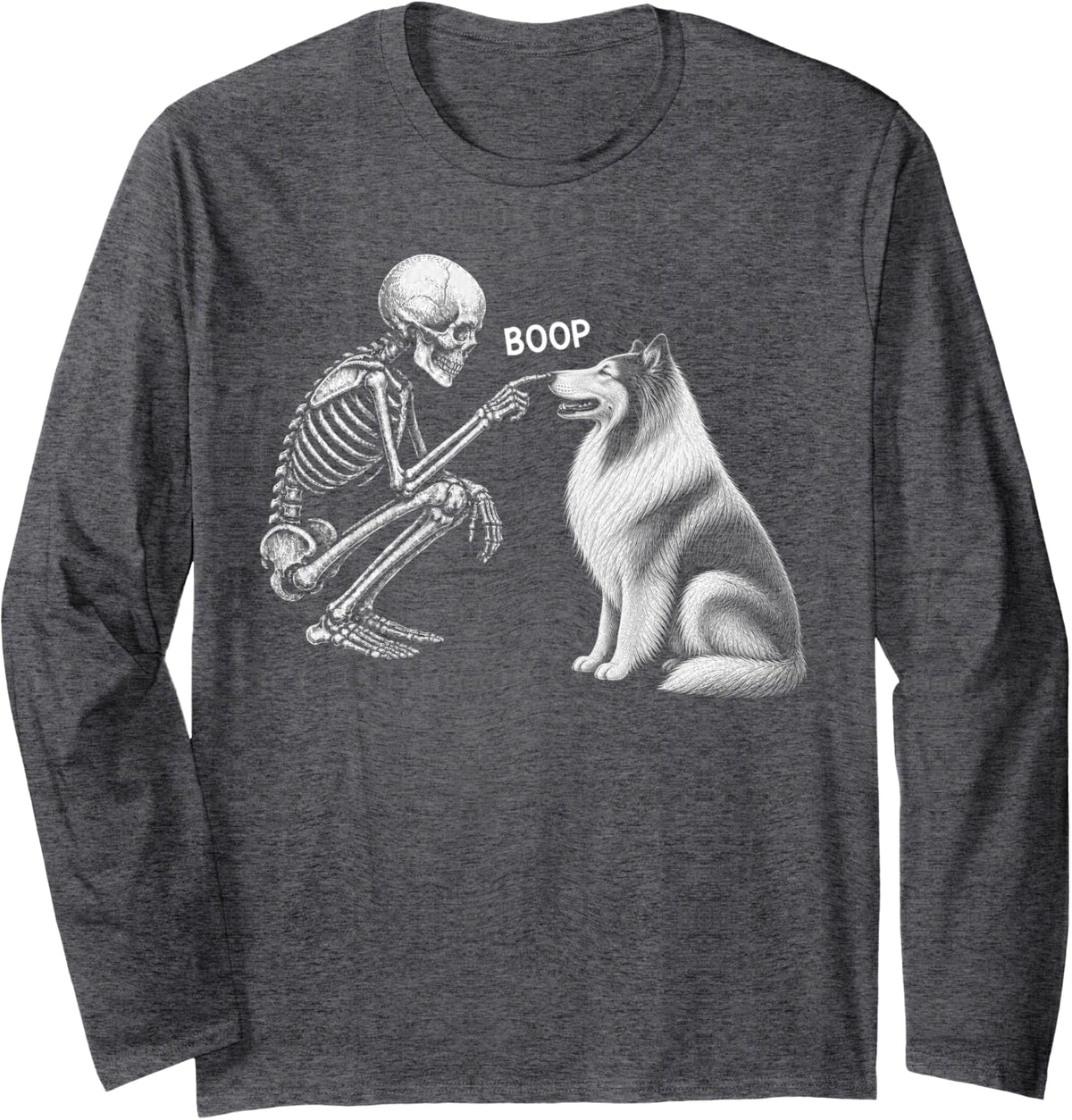 Skeleton Boop Rough Collie Dog Nose Vintage Halloween Long Sleeve T-Shirt - Adult Unisex Dark Heather Grey