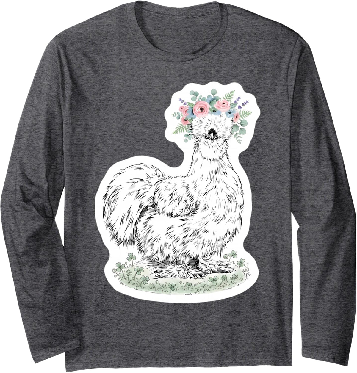 Silkie Chicken with Floral Headband Farm Animal Owner Cute Long Sleeve T-Shirt - Adult Unisex Dark Heather Grey