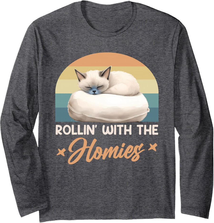 Siamese Cats ROLLIN' WITH THE HOMIES Funny Vintage Long Sleeve T-Shirt - Adult Unisex Dark Heather Grey