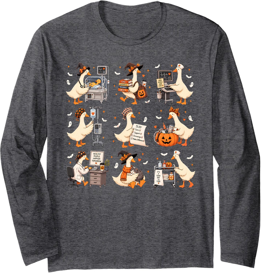 Silly Goose NICU Postpartum Nurse Mother Baby Halloween Long Sleeve T-Shirt - Adult Unisex Dark Heather Grey