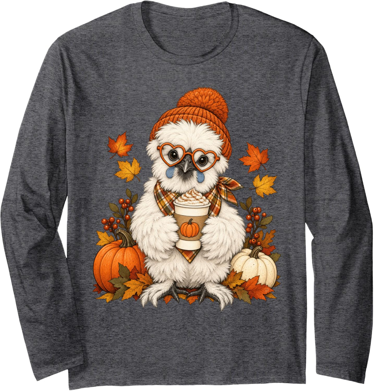 Silkie Chicken Fall Autumn Season Pumpkin Spice Farm Animal Long Sleeve T-Shirt - Adult Unisex Dark Heather Grey