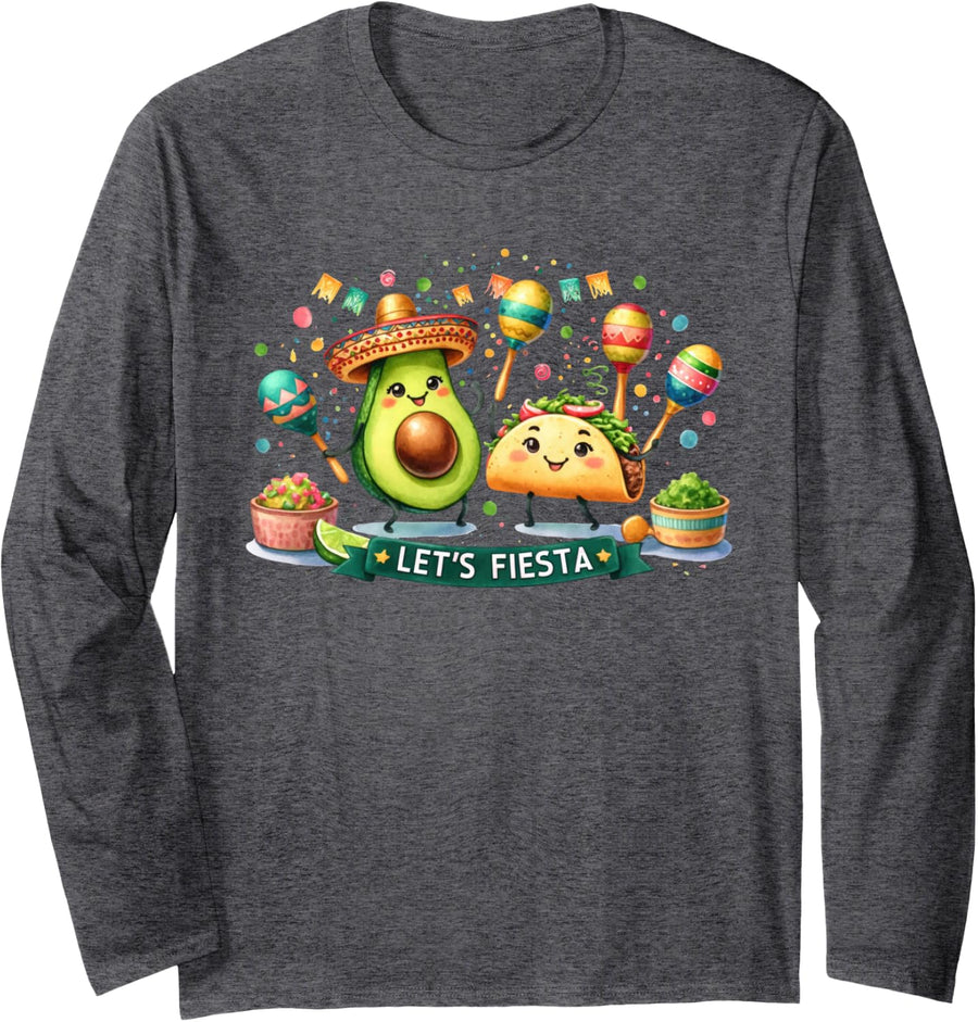 Let's Fiesta Taco Avocado Funny Cinco De Mayo Mexican Party Long Sleeve T-Shirt - Adult Unisex Dark Heather Grey
