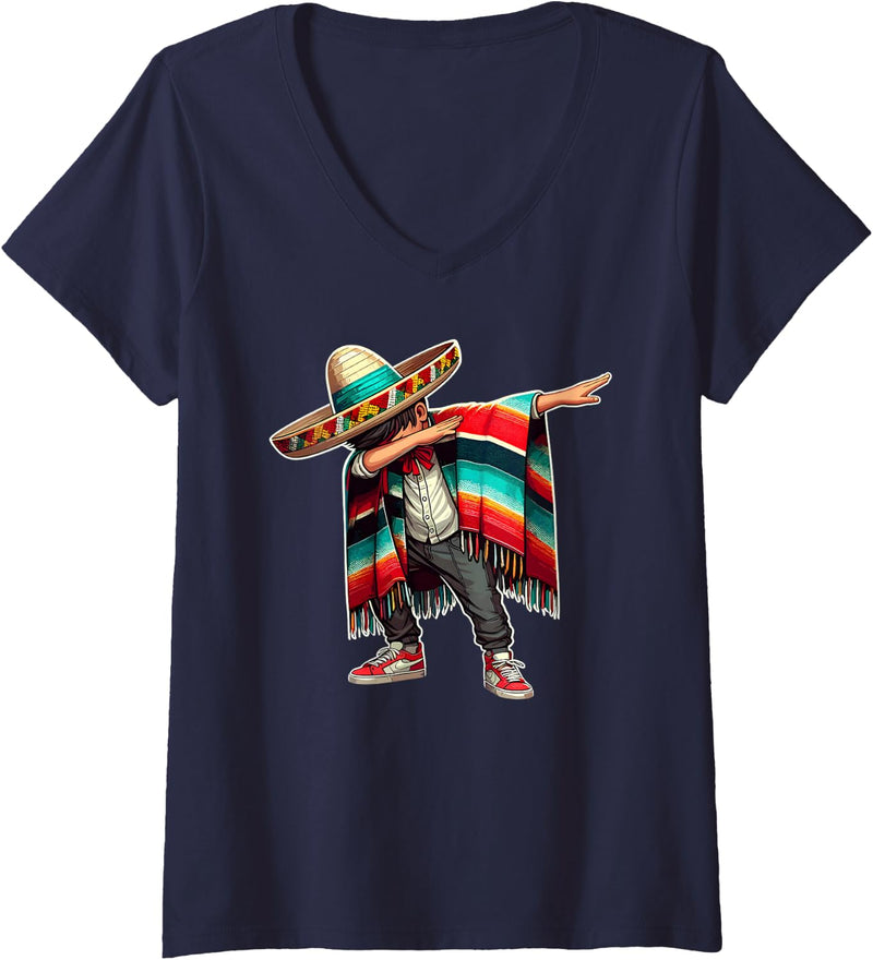 Women's Mexican Boy Dabbing Poncho Funny Cinco De Mayo Party Kids V-Neck T-Shirt - Navy Blue
