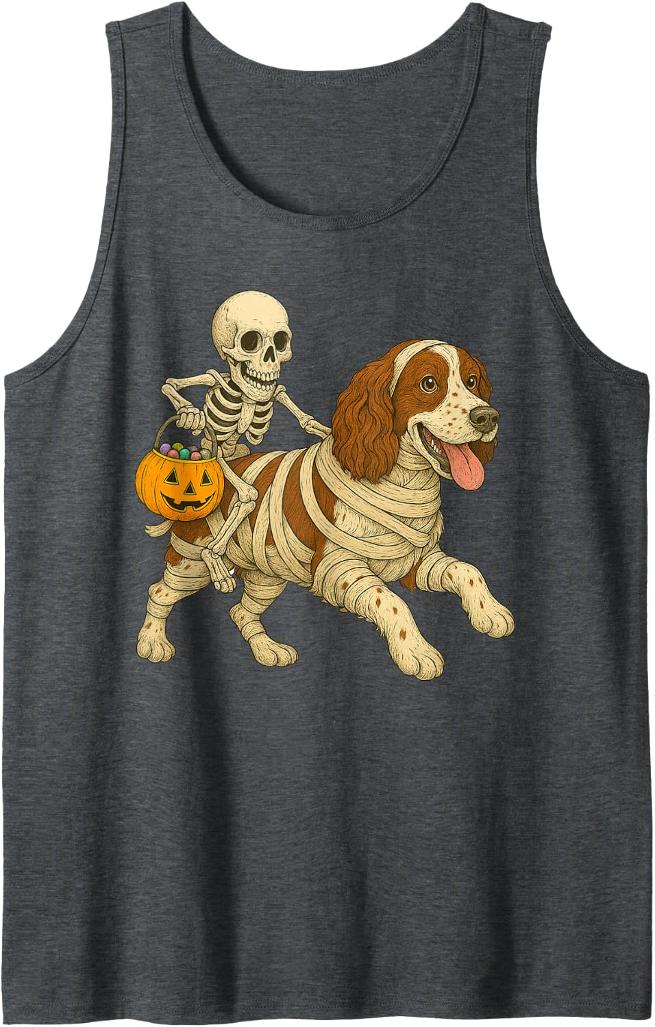 Skeleton Riding Mummy English Springer Spaniel Dog Halloween Sleeveless Tank Top - Dark Heather Grey