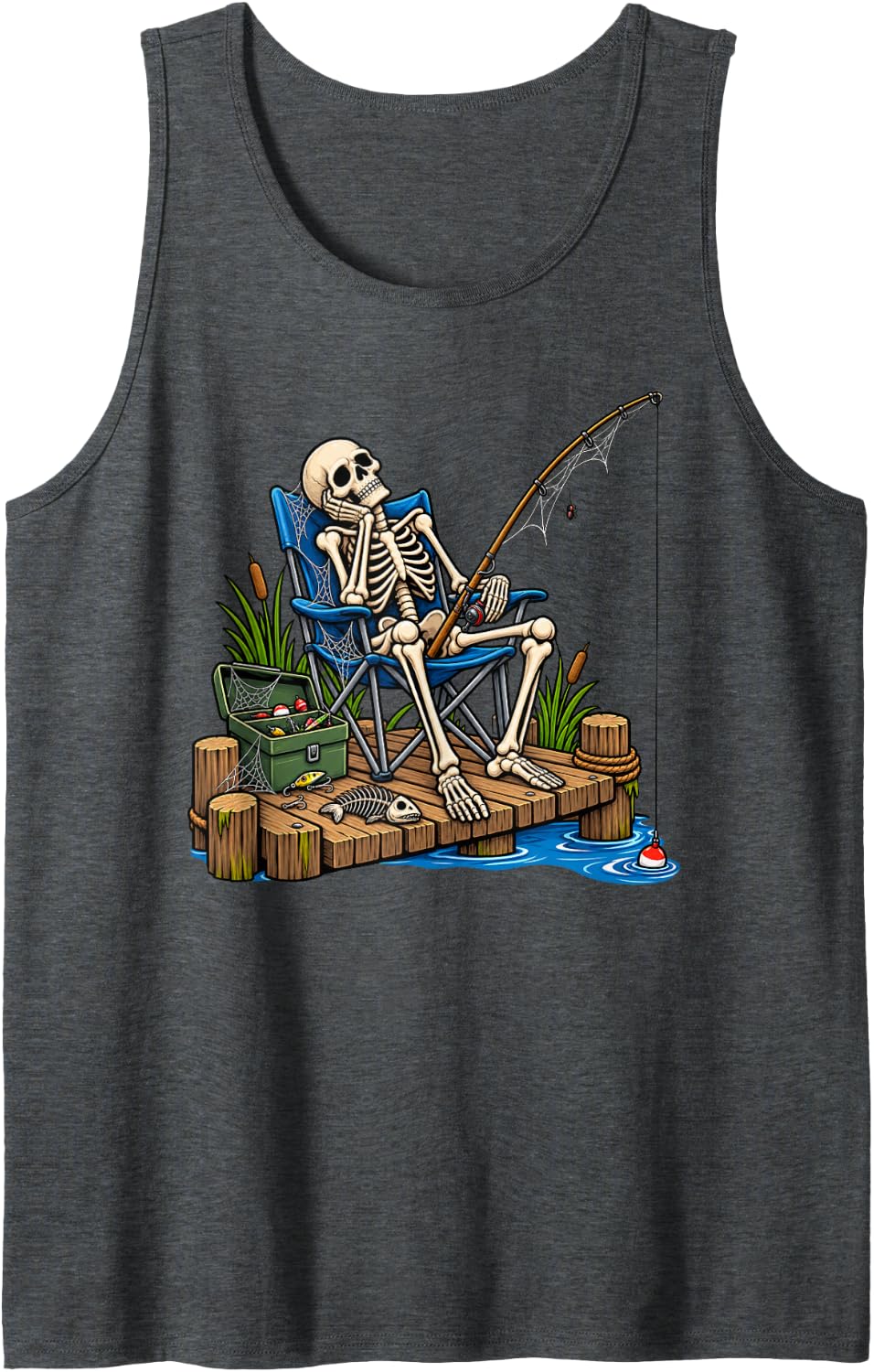 Skeleton Fishing Funny Halloween Tank Top - Dark Heather Grey