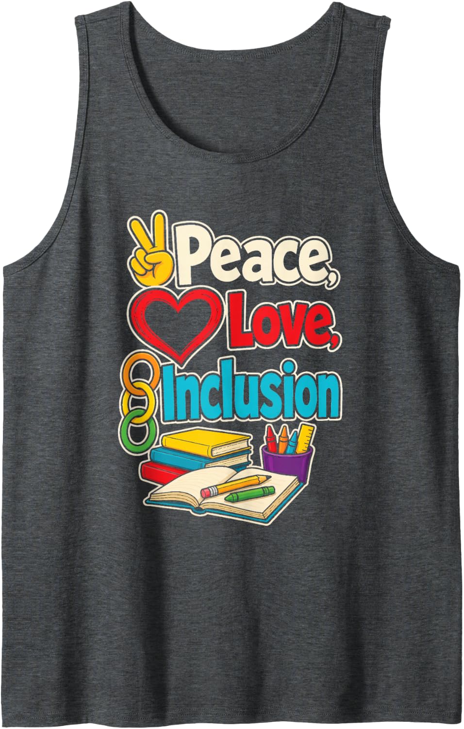 Special Education Staff Peace Love Inclusion SPED Team Sleeveless Tank Top - Dark Heather Grey
