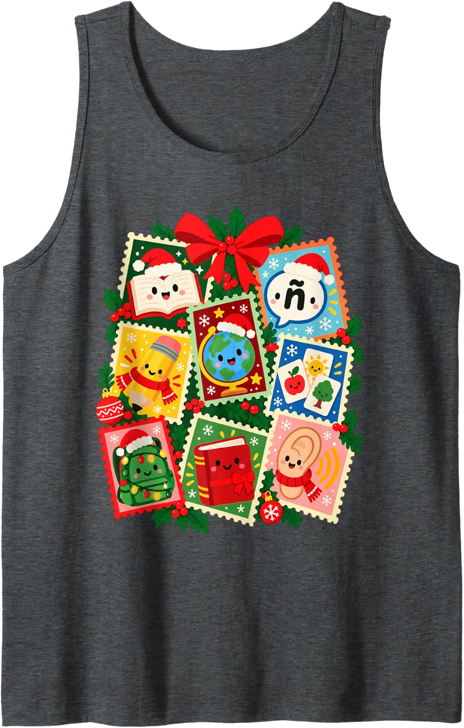 Spanish Teacher Christmas Language Classroom Stamp Art Sleeveless Tank Top - Dark Heather Grey